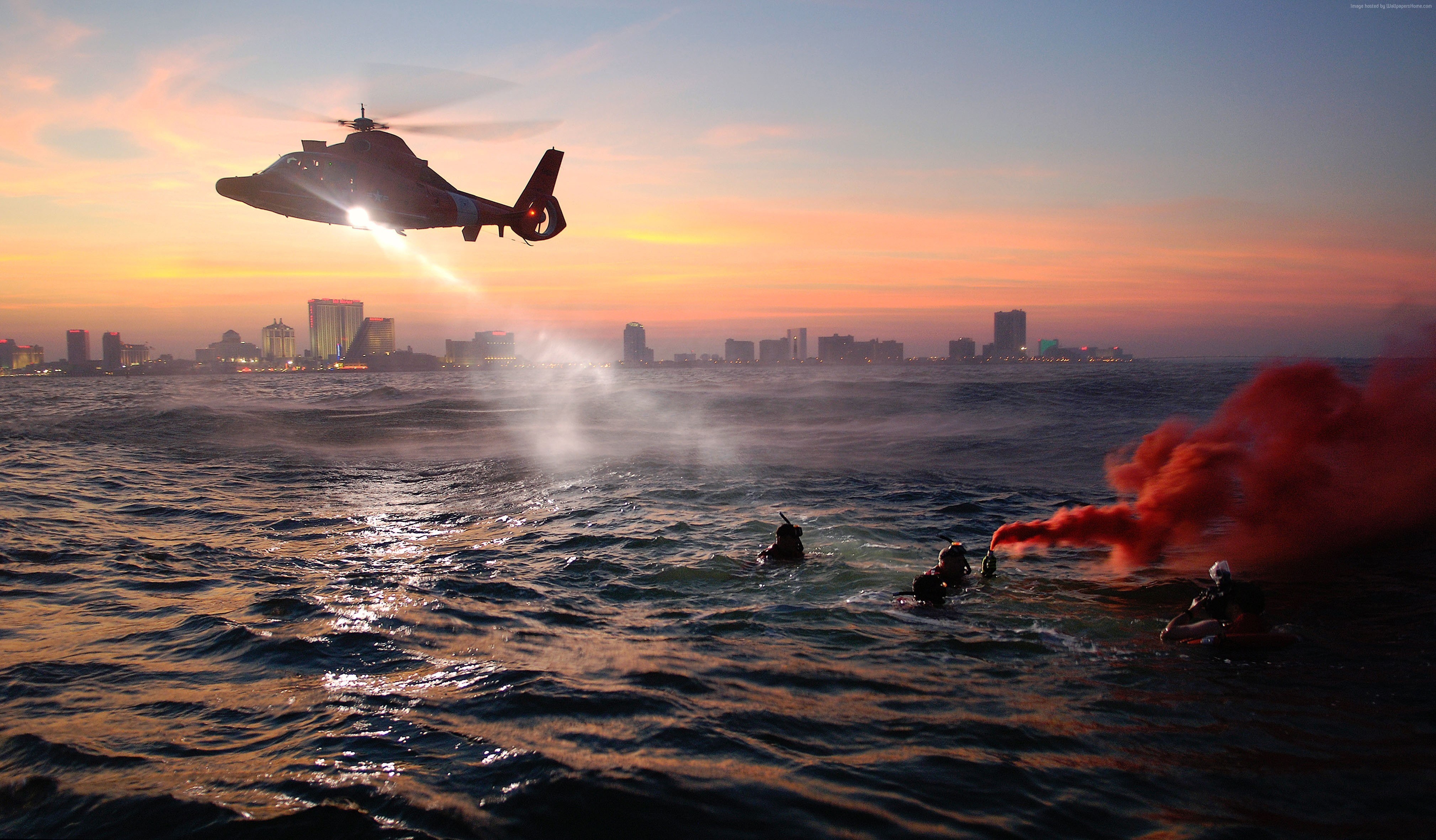 rescue helicopter, MEDEVAC, 4K, air vehicle, building exterior, architecture, office building exterior, bird, skyscraper, sky, night, flying, sea, built structure, HD Wallpaper