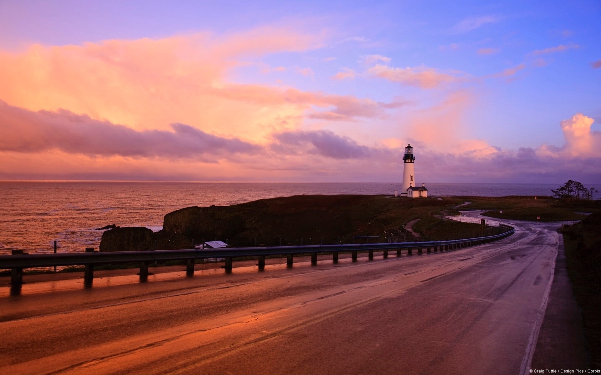 outdoors, building exterior, sunset, 1080P, direction, sky, architecture, tower, gray, protection, cloud - sky, coast, safety, road, guard, horizon over water, HD Wallpaper