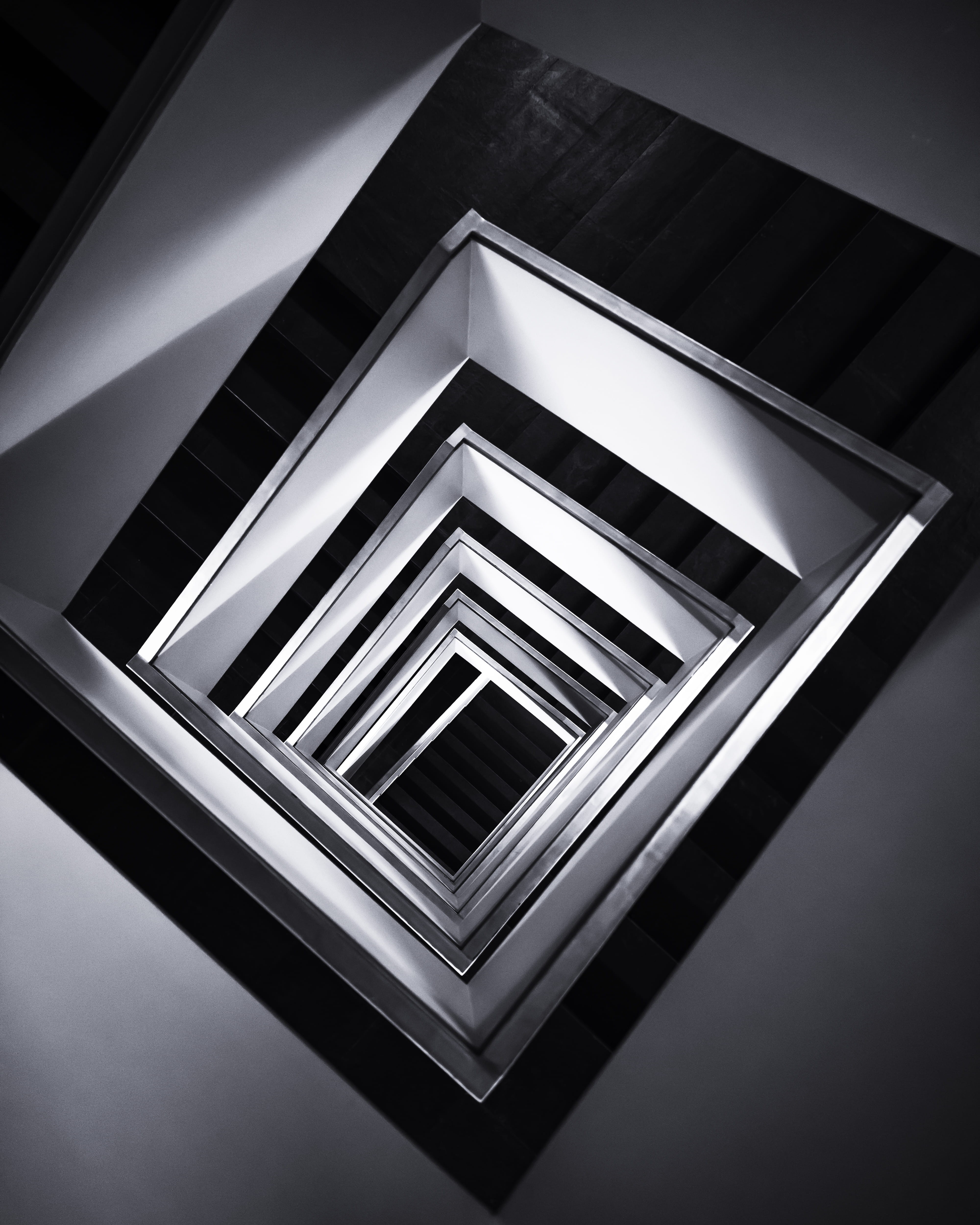 stairwell, backgrounds, mirror, day, digital, geometric shape, spiral, built structure, gray, building, illustration, directly below, grayscale, steps and staircases, Phone HD Wallpaper