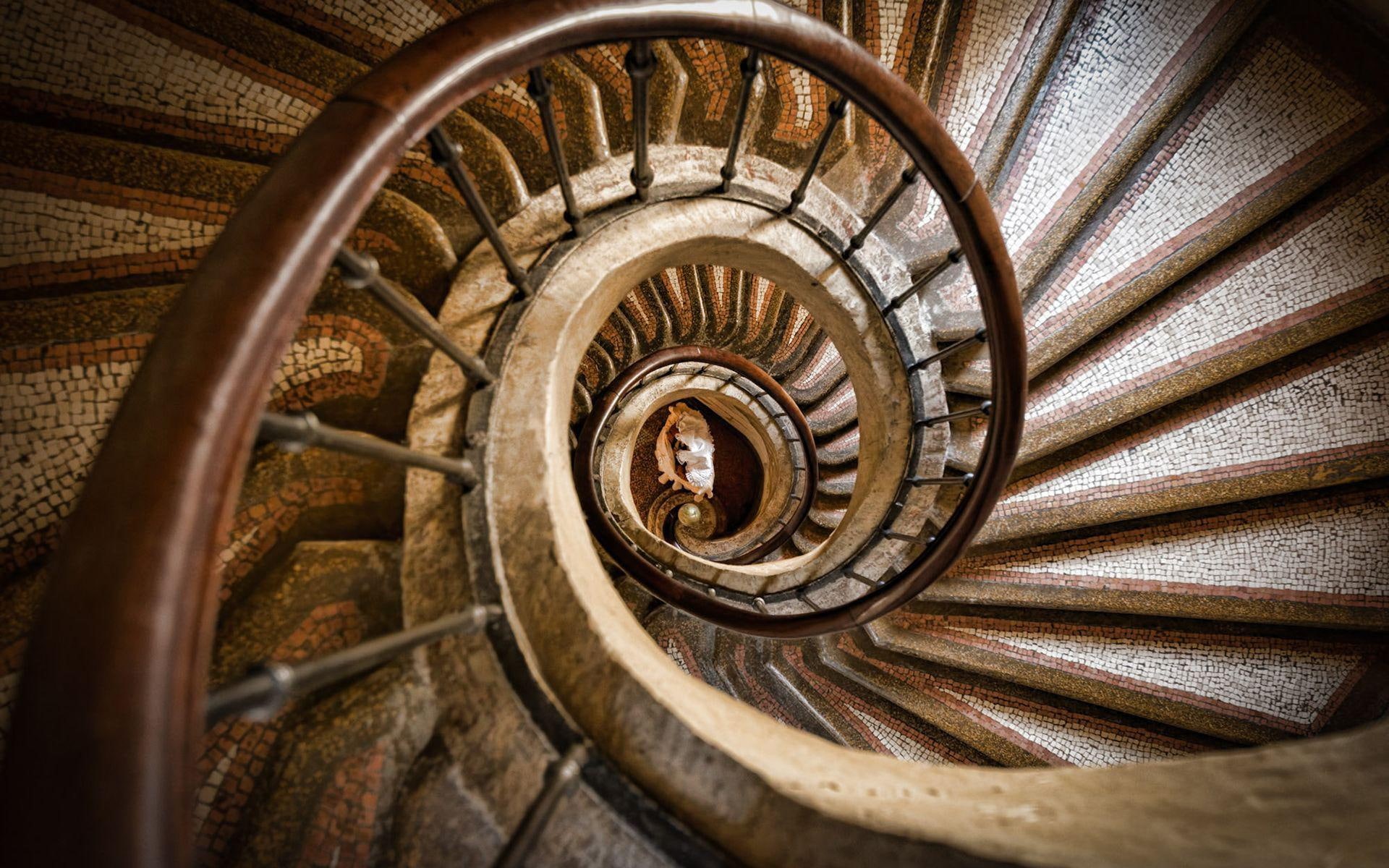 staircase, spiraling, stairs, photography, spiral, brown, mosaic, 1920x1200, 1080P, HD Wallpaper