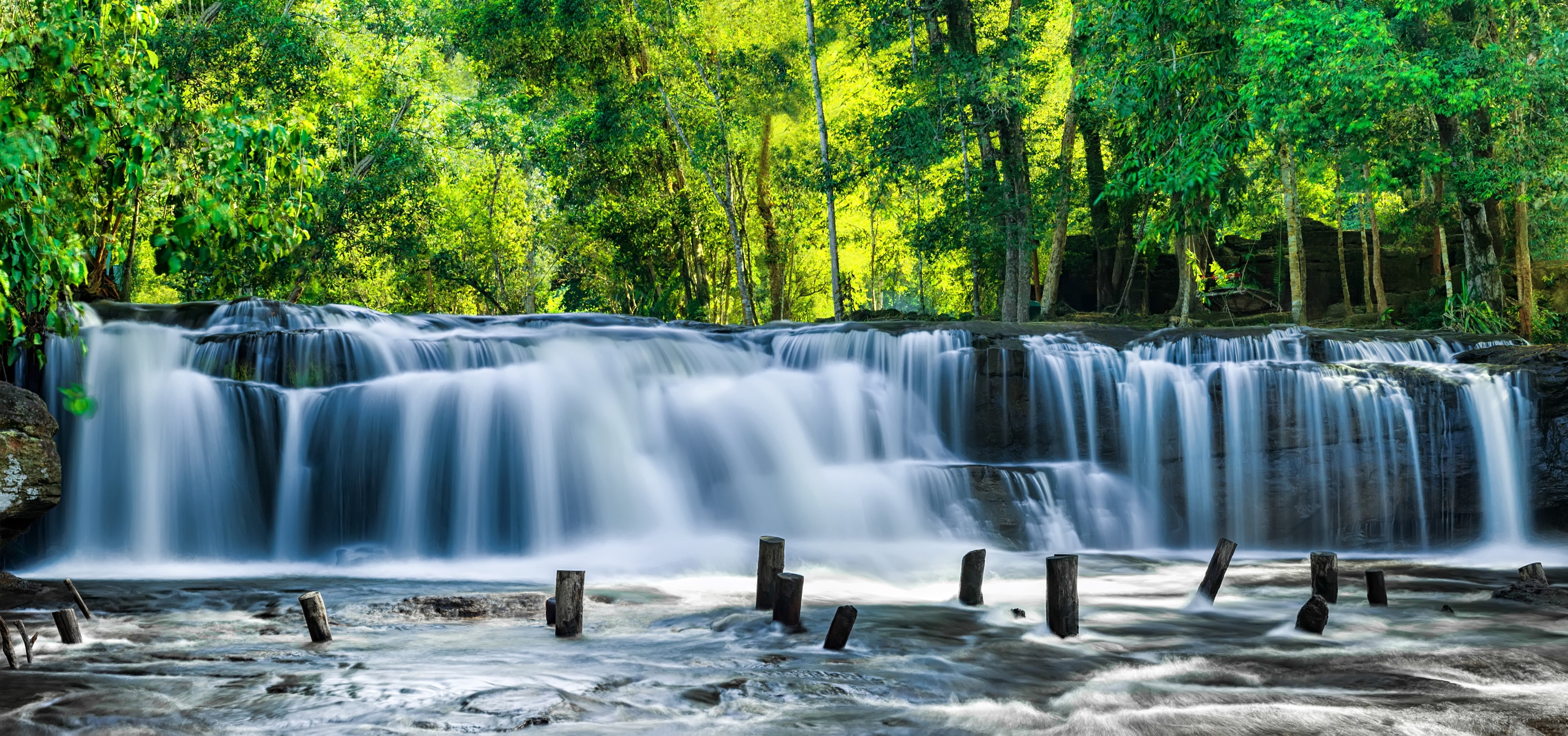 Cambodia, summer, my planet, nature, mysteries mysteries of the ancient world, the rainforest plateau, deep blue cascading sacred falls, tourism, 4K, Phnom Kulen, HD Wallpaper