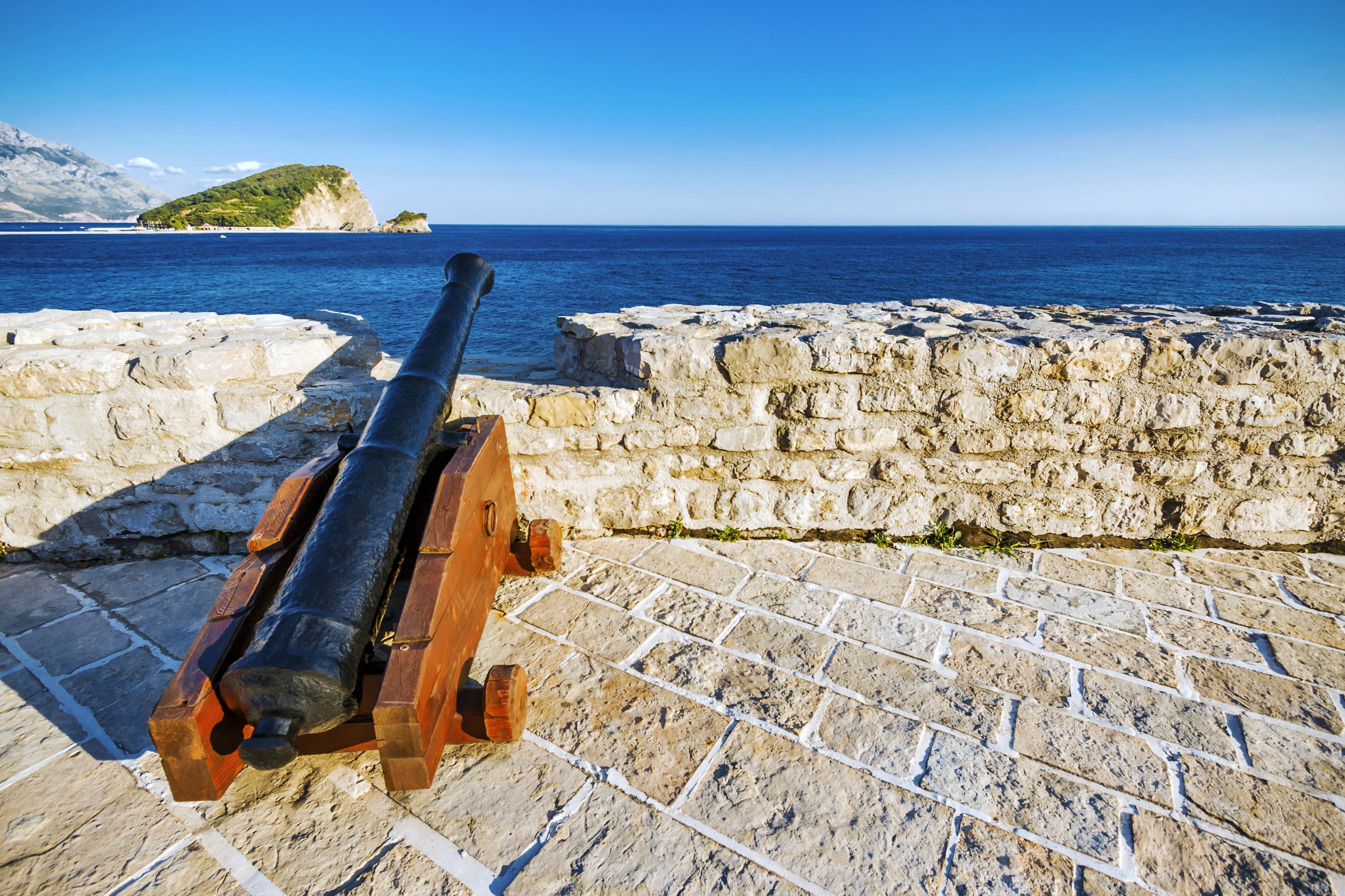 history, clear sky, gun, the city, sky, land, sunlight, Montenegro, based 2500лет ago, Budva, outdoors, horizon over water, coast, sea, no people, view, HD Wallpaper