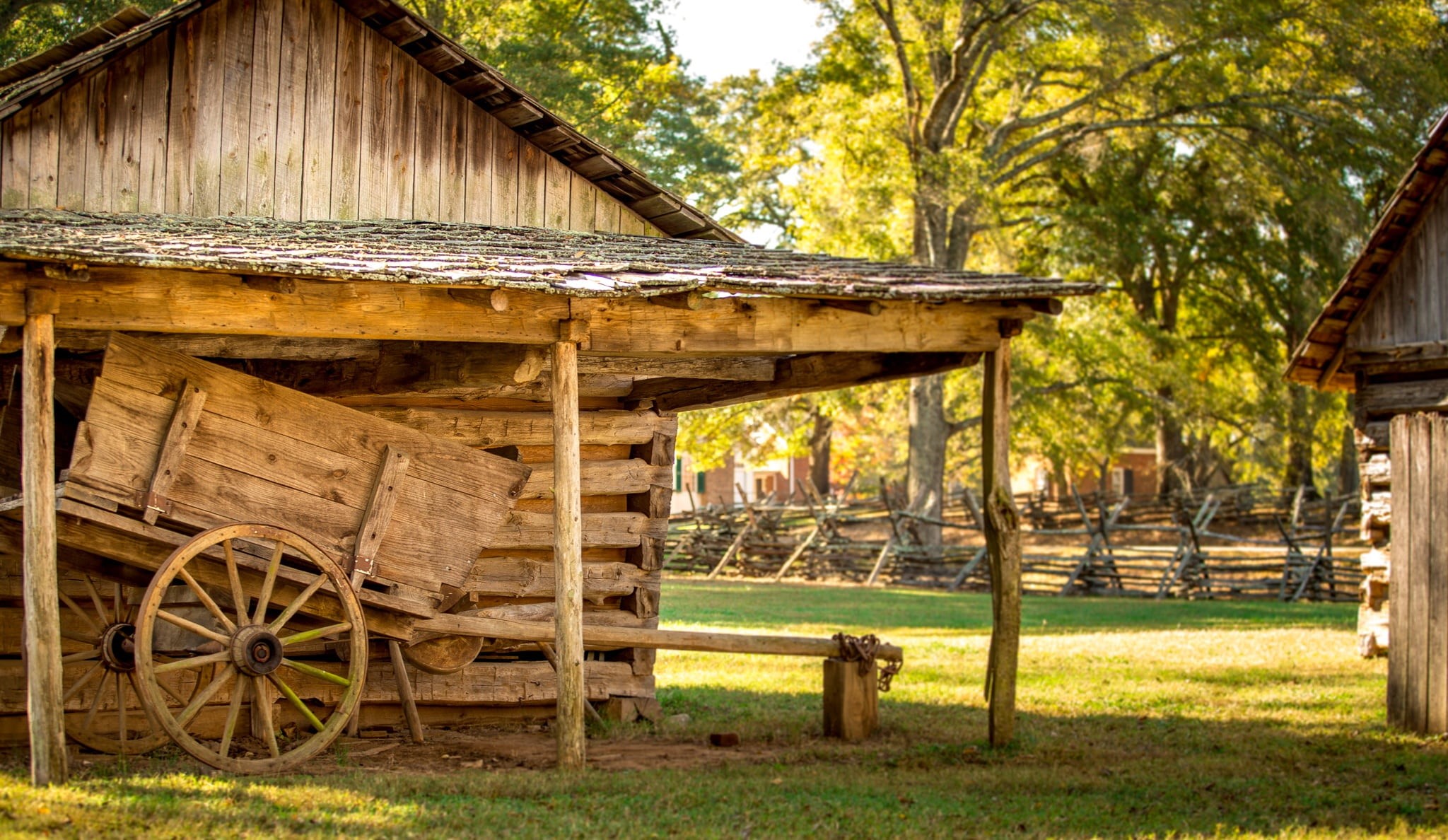 brown, country, built structure, plant, tree, nature, day, wood - material, wheel, log building, house, rustic, homestead, hut, grass, rural scene, 1080P, HD Wallpaper