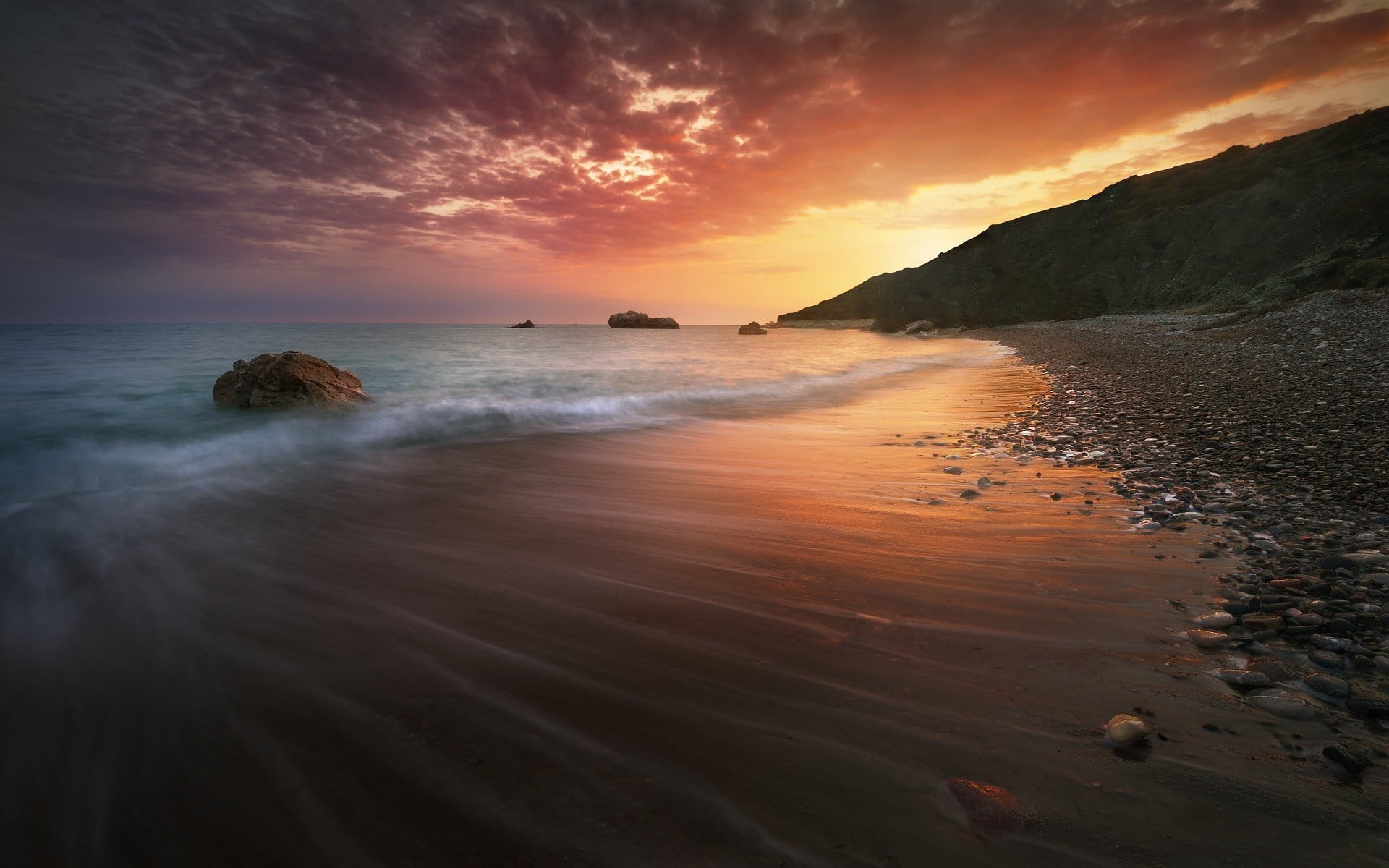 sky, water, wave, seashore, stones, sunset, scenics - nature, hour, tranquility, 1080P, outdoors, nature, long exposure, clouds, sea, golden, tranquil scene, HD Wallpaper