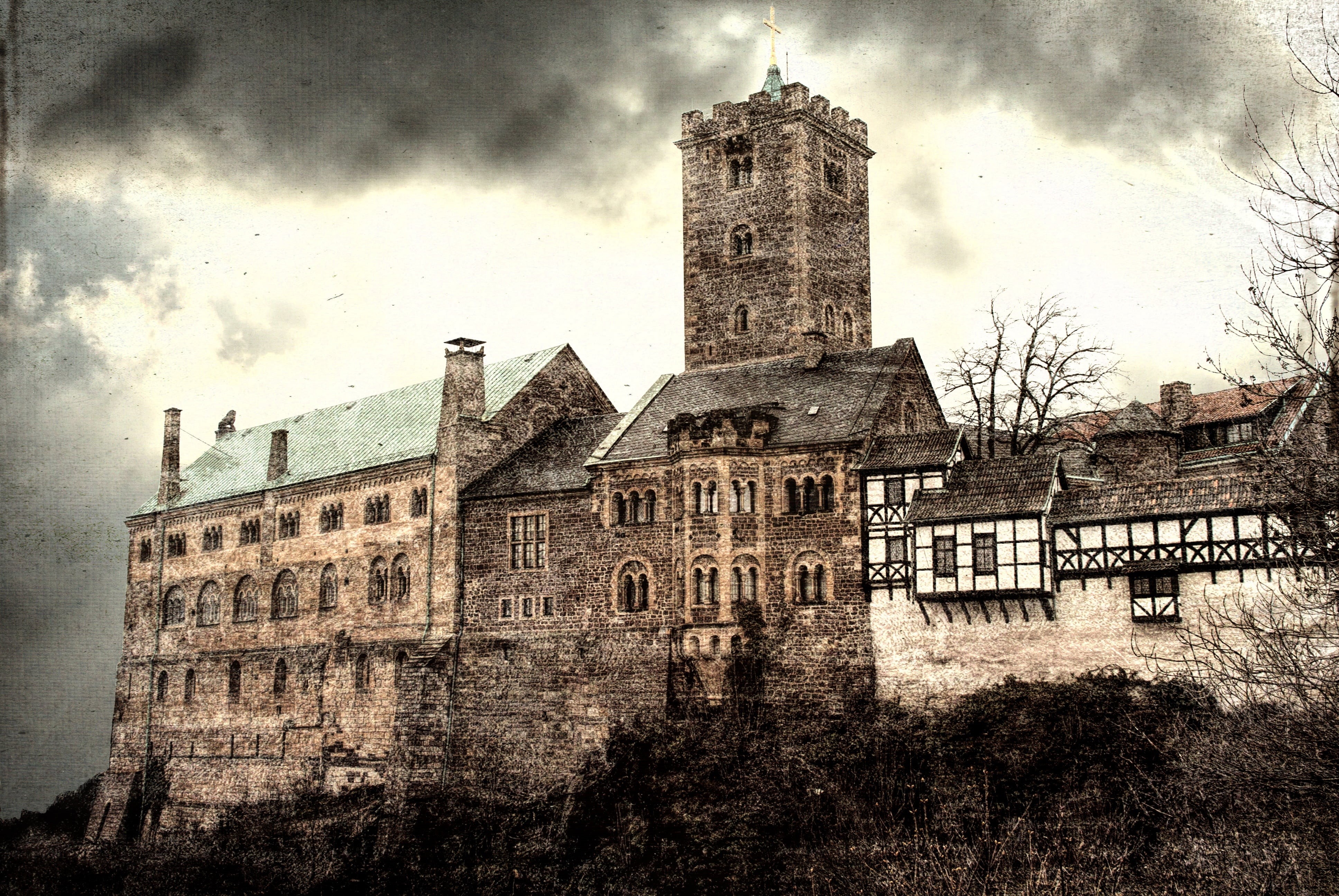 the past, travel destinations, wartburg castle, spirituality, tree, thuringia germany, building exterior, tower, belief, no people, religion, HD Wallpaper