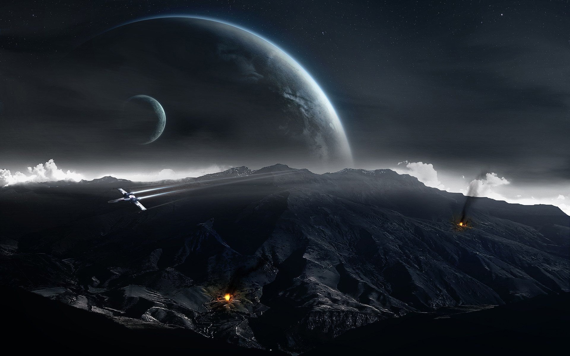 planetary moon, 1080P, moon, astronomy, meteorology, planet, stars, night, cloud - sky, mountain peak, beauty in nature, space, no people, storm, HD Wallpaper