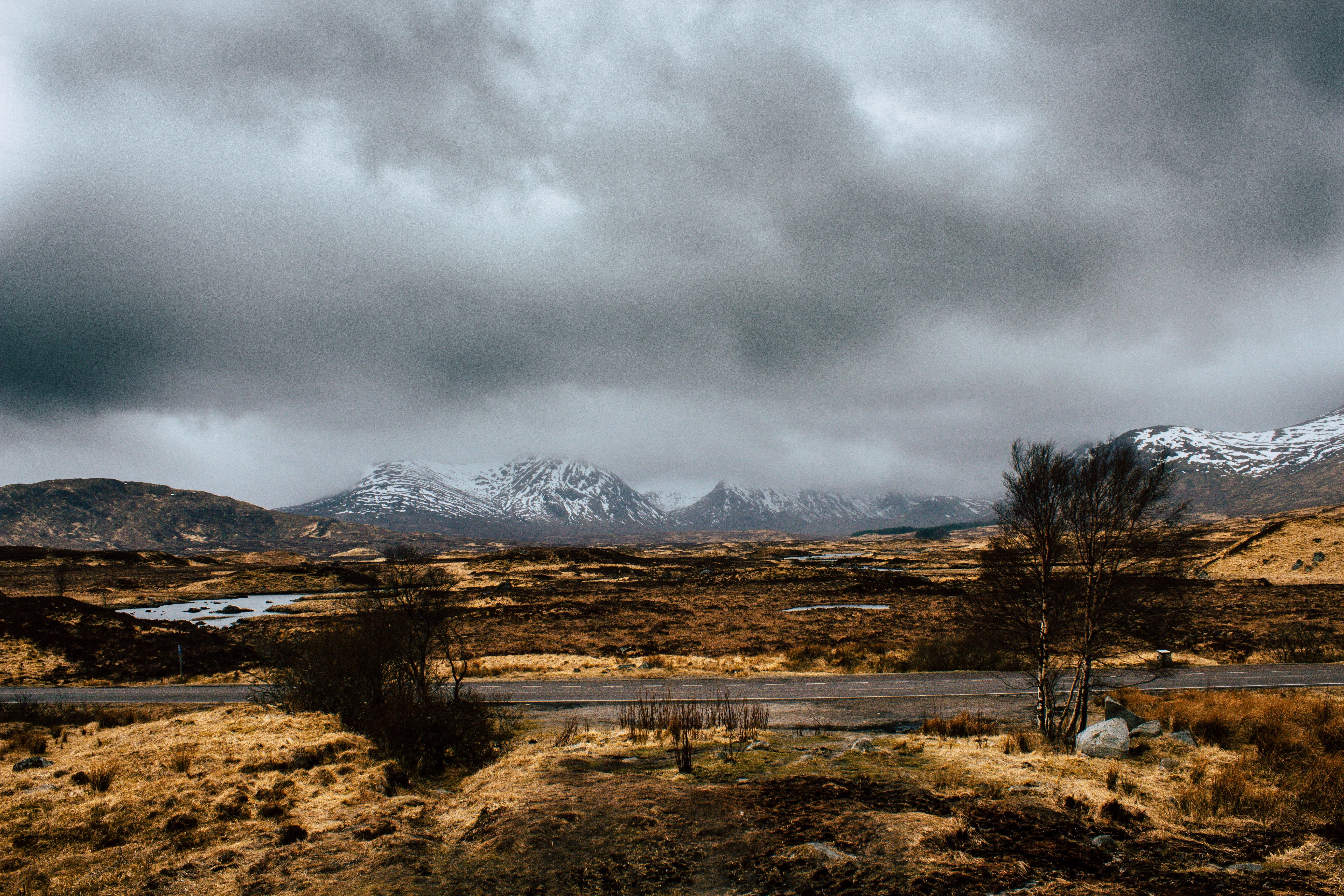 highlands, red, tree, scenics - nature, storm, winter, flat, mood, architecture, masonry, mystical, hill, travel, away, beauty in nature, travel destinations, HD Wallpaper
