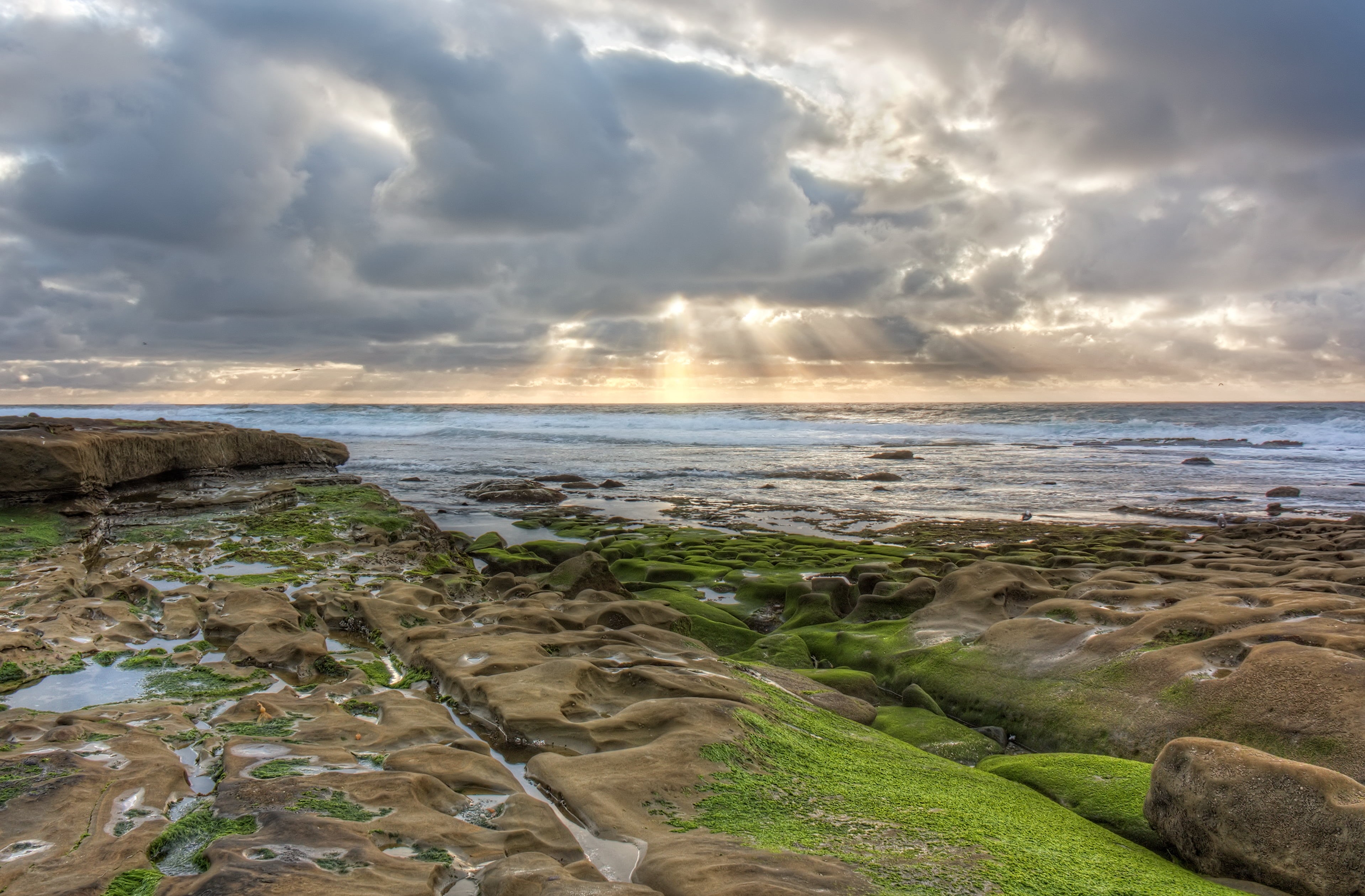 Pacific  California, clouds, seashore, sea, rays, la, light  rays, rocks, beach, Water, Seascape, coastline, La Jolla  San Diego, nature, 2K, flickr, sky, HD Wallpaper