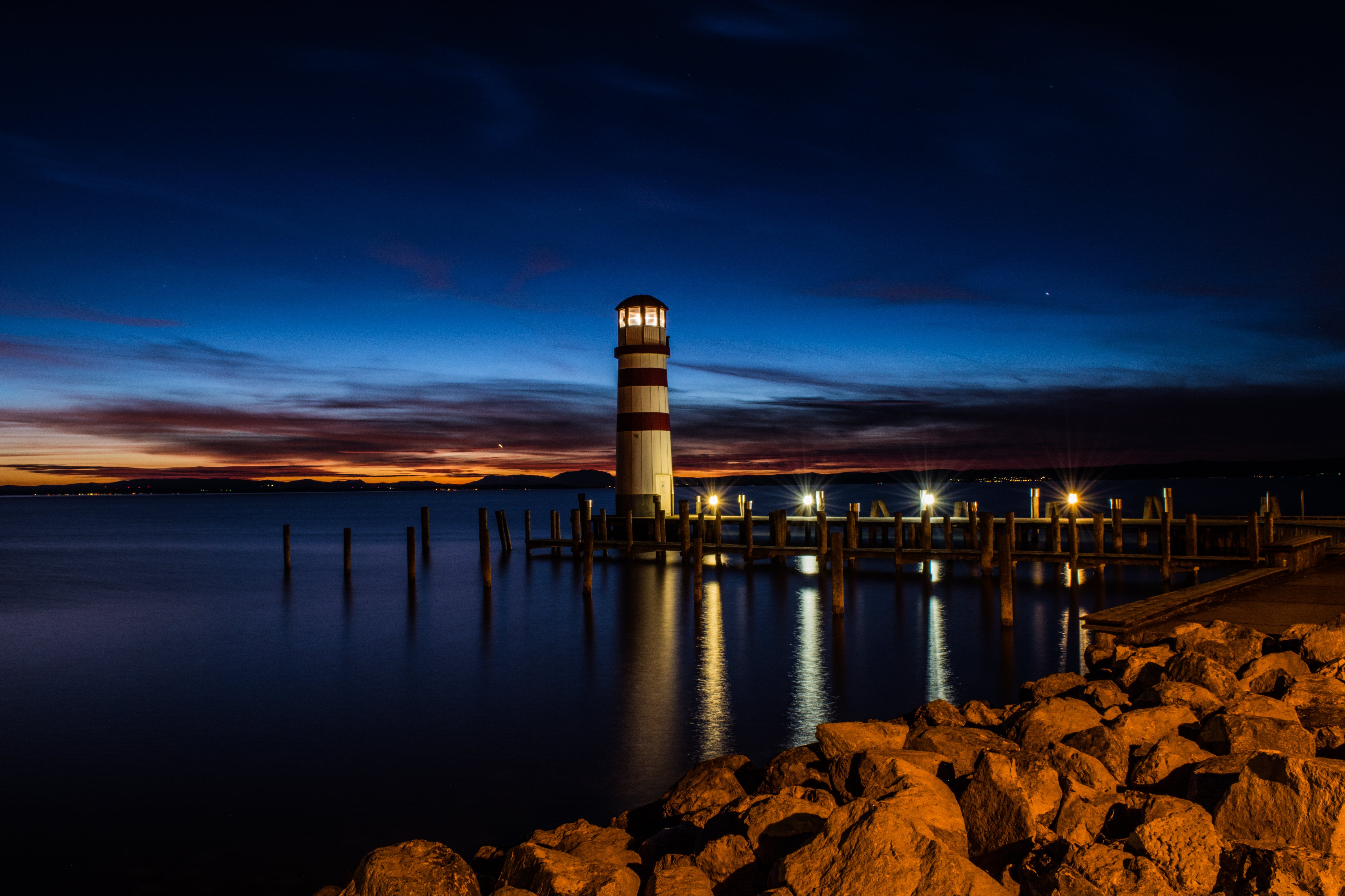 lighthouse, neusiedlersee, bluehour, night, 5K, österreich, sky, tower, podersdorf, dusk, leuchtturm, lake, austria, burgenland, sea, longexposure, nature, HD Wallpaper