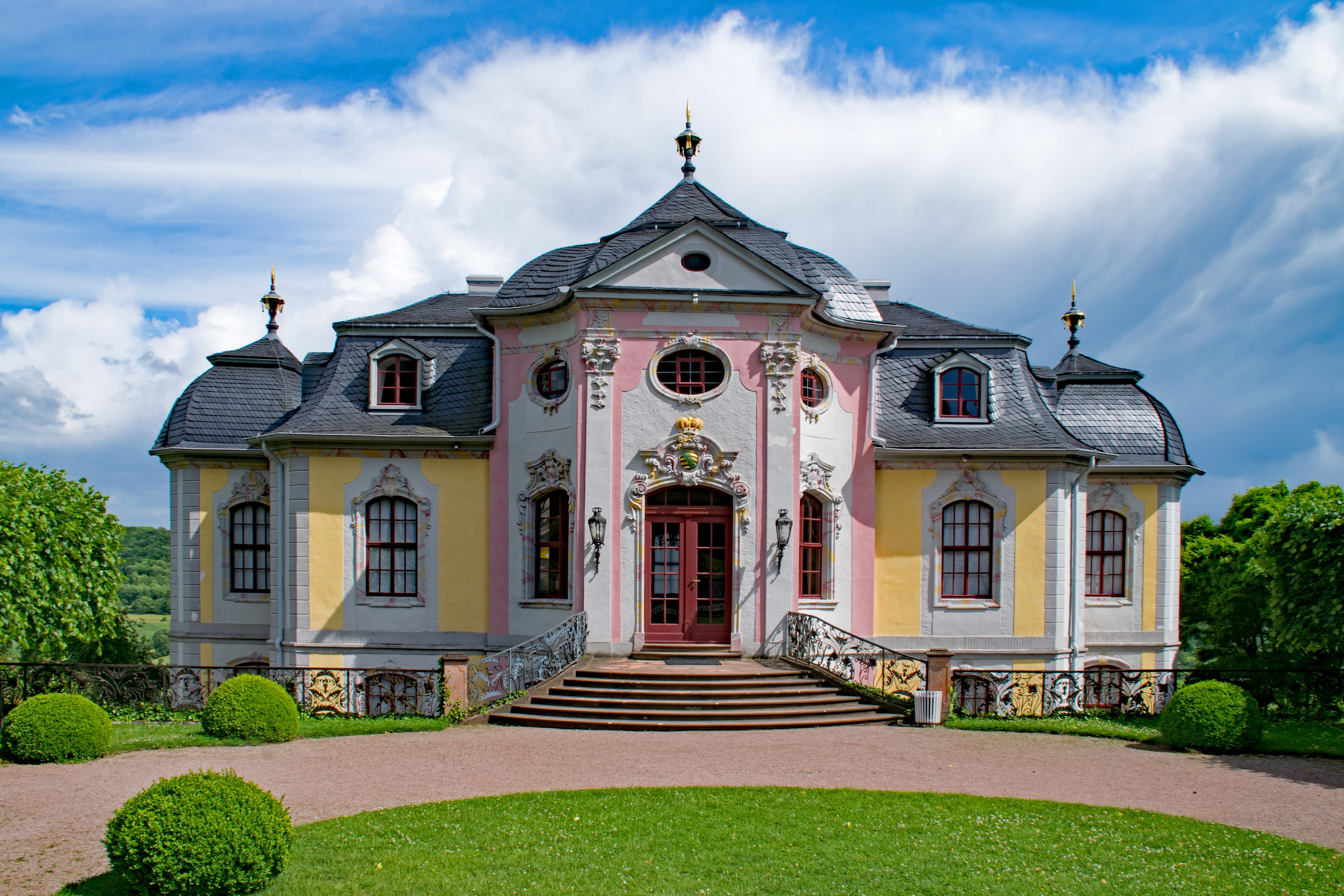 no people, schlossgarten, the past, grass, 5K, outdoors, culture, spirituality, history, plant, the rococo castle, built structure, sky, architecture, HD Wallpaper