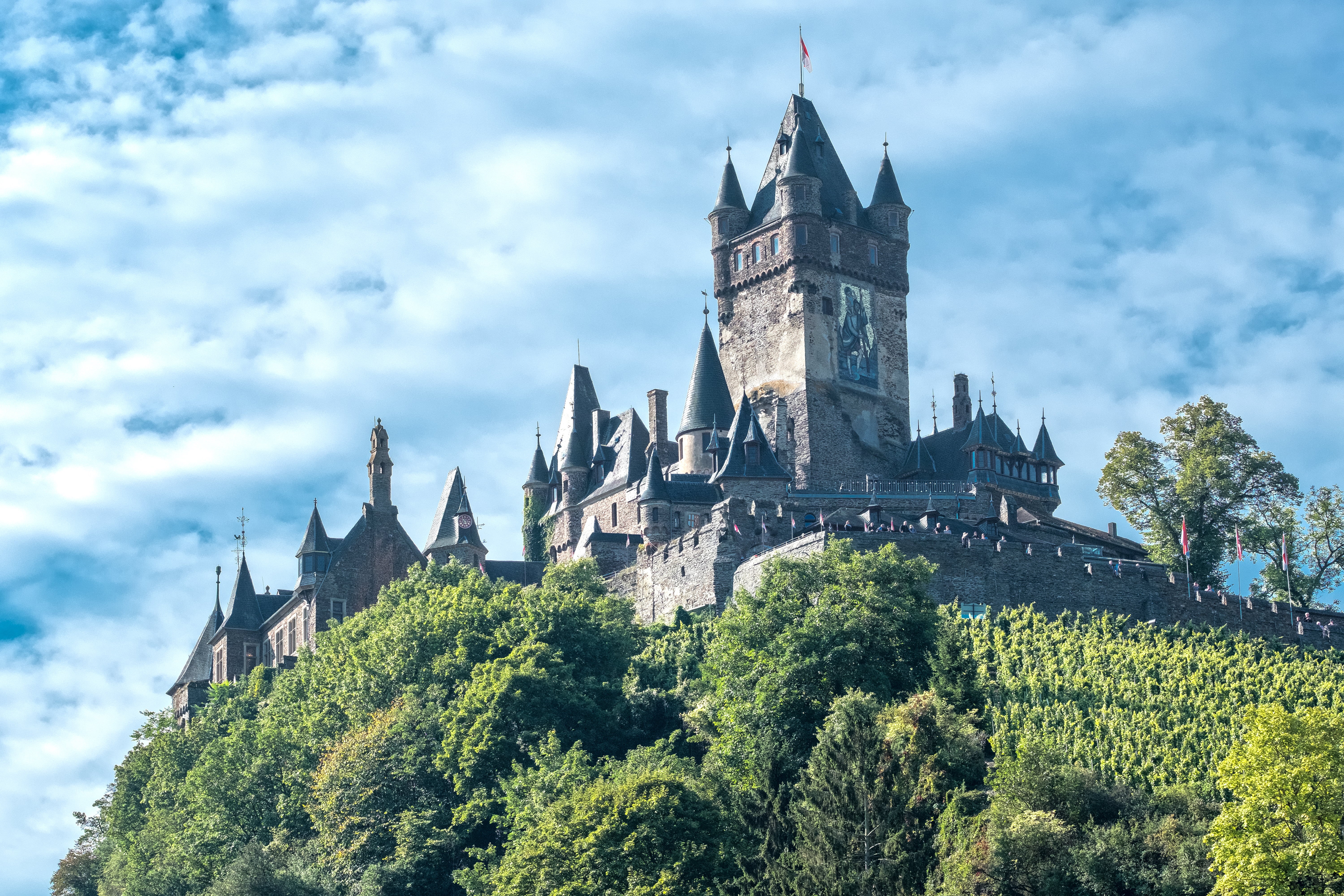 medieval, sky, europe, surrounded, 5K, gray, hill, famous Place, Castle, trees, tower, Moselle, history, gothic Style, Germany, green, outdoors, Cochem, HD Wallpaper
