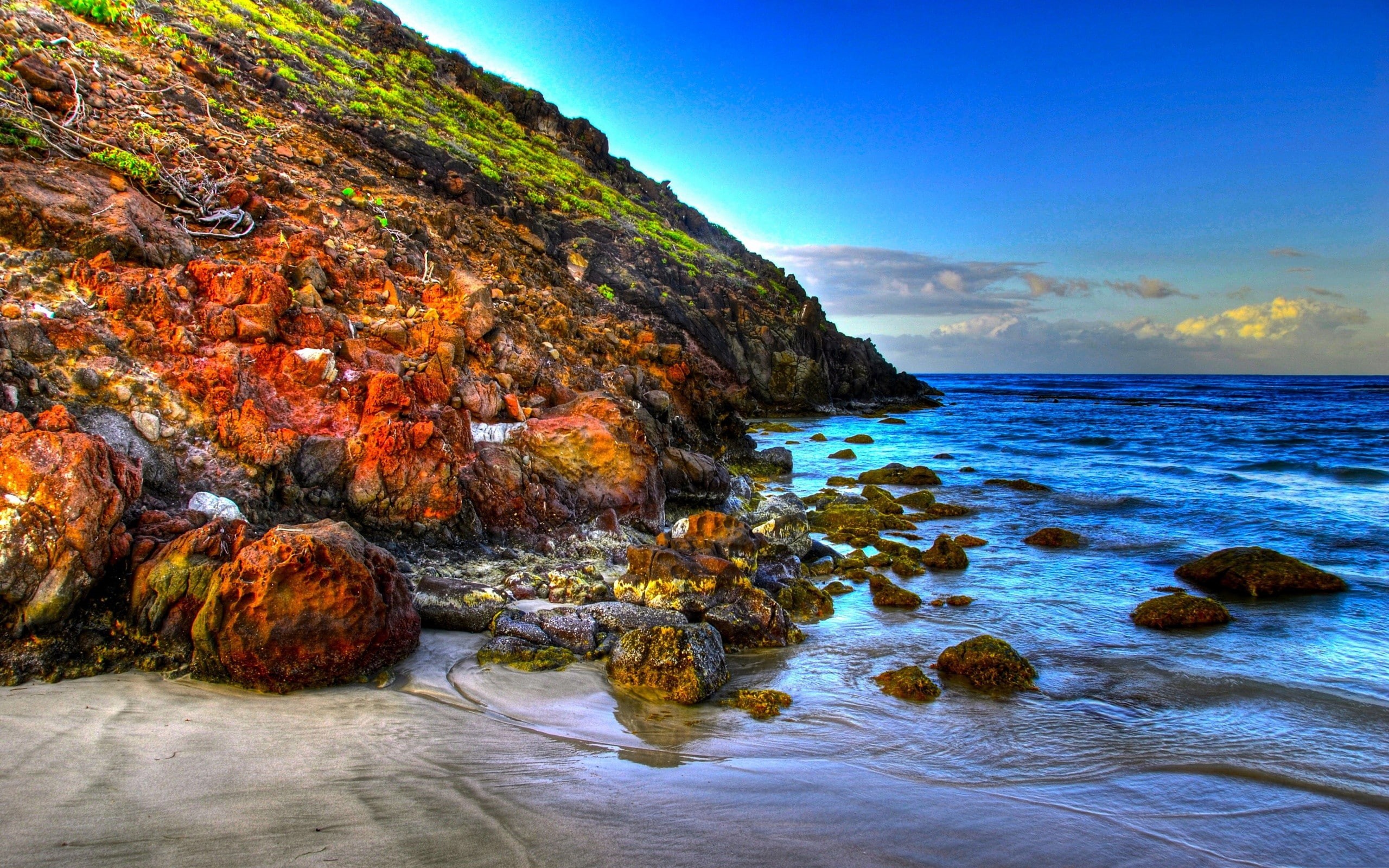 sea, rock - object, scenics - nature, land, beauty in nature, rock formation, rock, blue, 2K, wave, HDR, beach, no people, sky, outdoors, solid, landscape, HD Wallpaper
