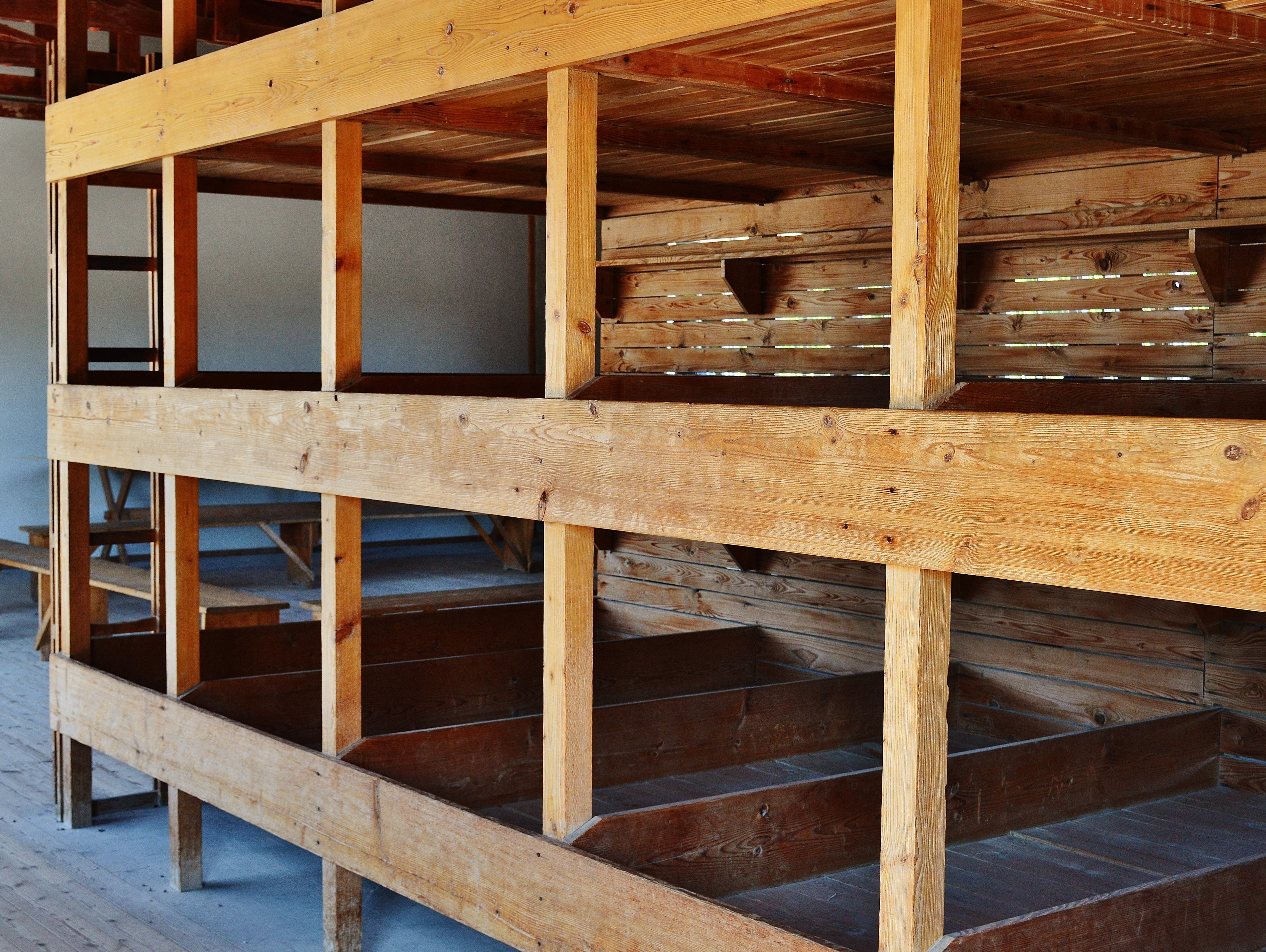 incomplete, beds, bedded baracke, bunkhouse, sleeping room, death, pattern, construction frame, railing, 3 floors, brown, memorial, built structure, construction industry, HD Wallpaper