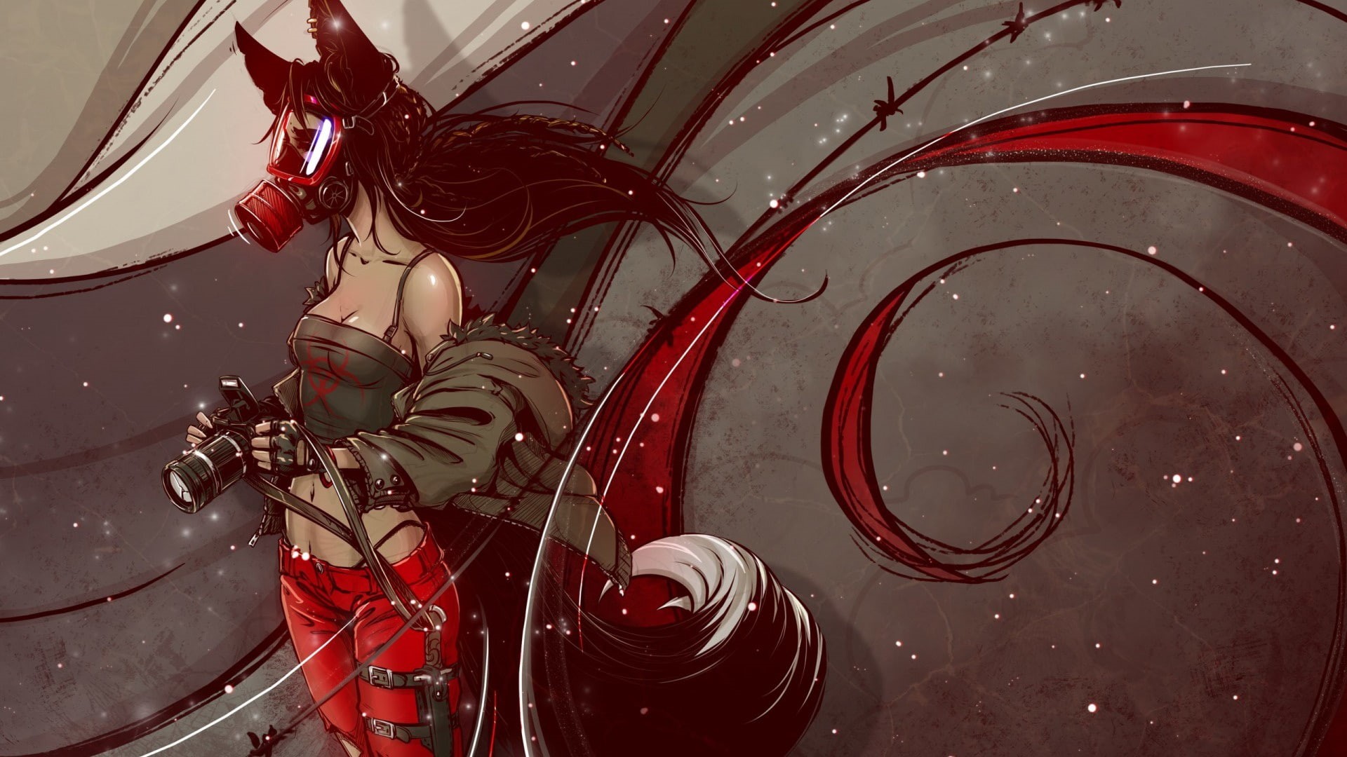 demoness, gas mask, kitsune, 1080P, barbed wire, the camera, fox girl, dagger, black hair, HD Wallpaper