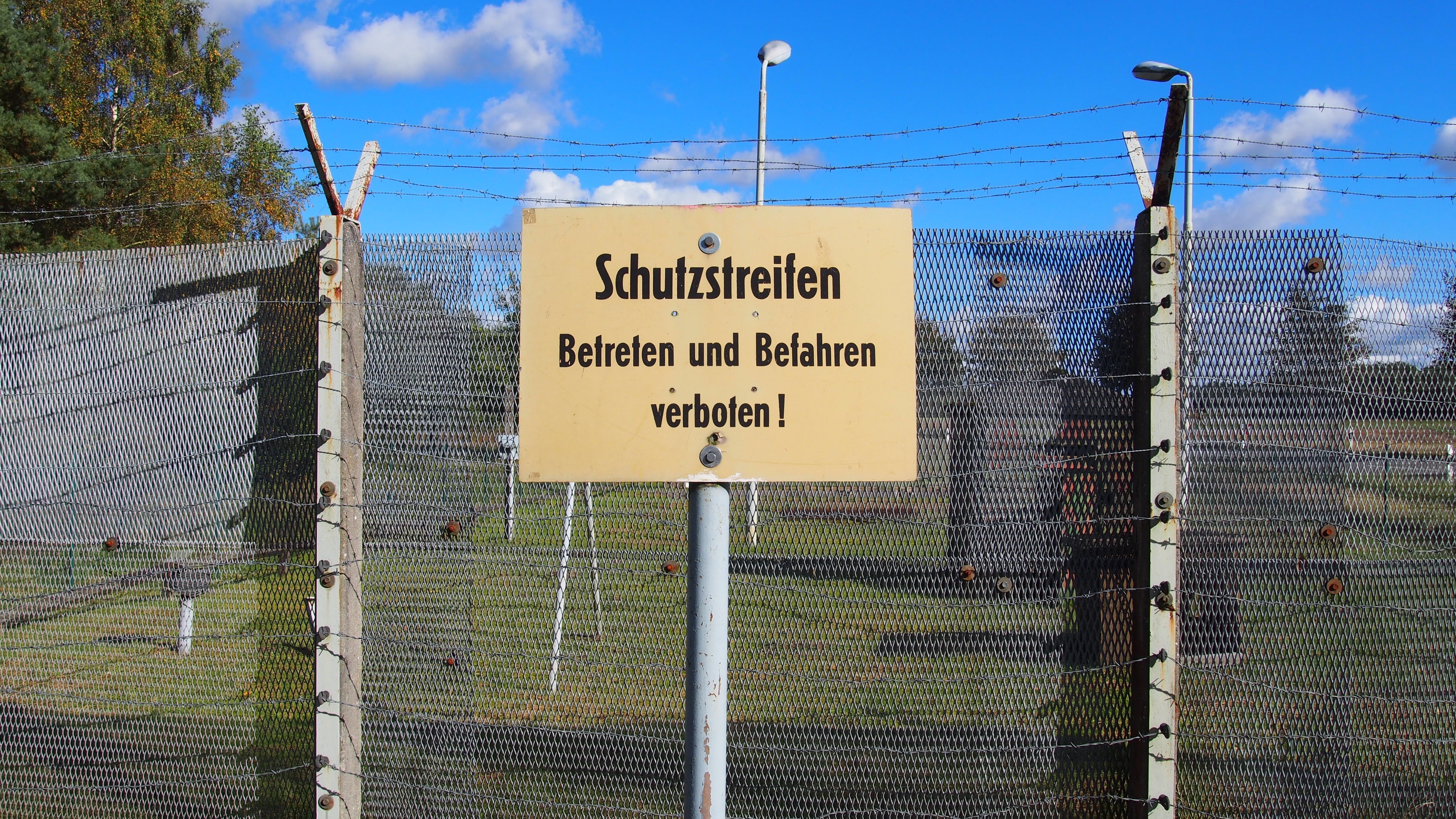 protection, cold war, barbed wire, sky, outdoors, border, sign, text, cloud - sky, former gdr border, day, safety, western script, communication, boundary, HD Wallpaper
