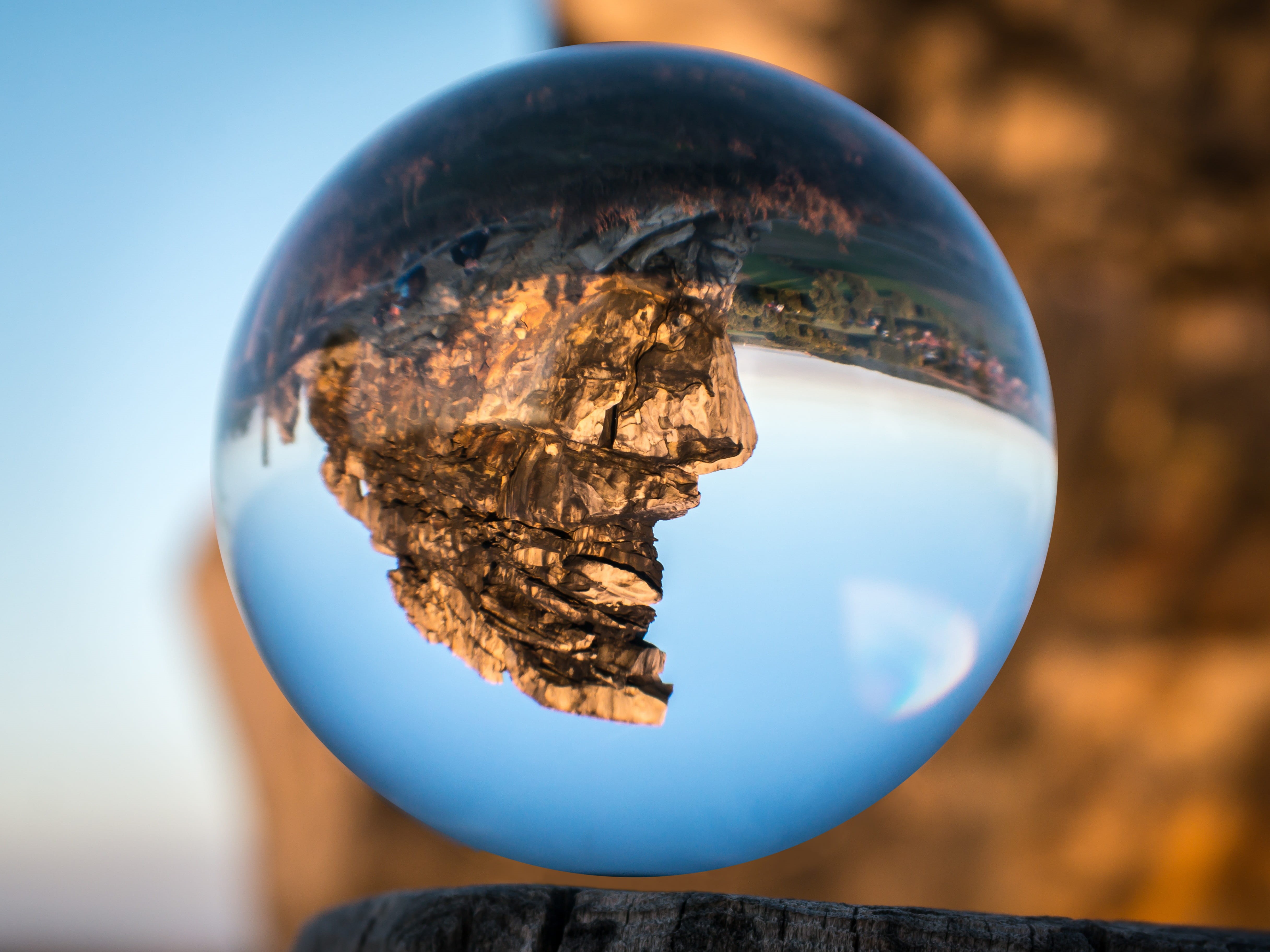 sand stone, reflection, glass ball, sky, transparent, glass - Material, environment, day, nature, 4K, Glass, holding, stone formation, hike, globe image, HD Wallpaper