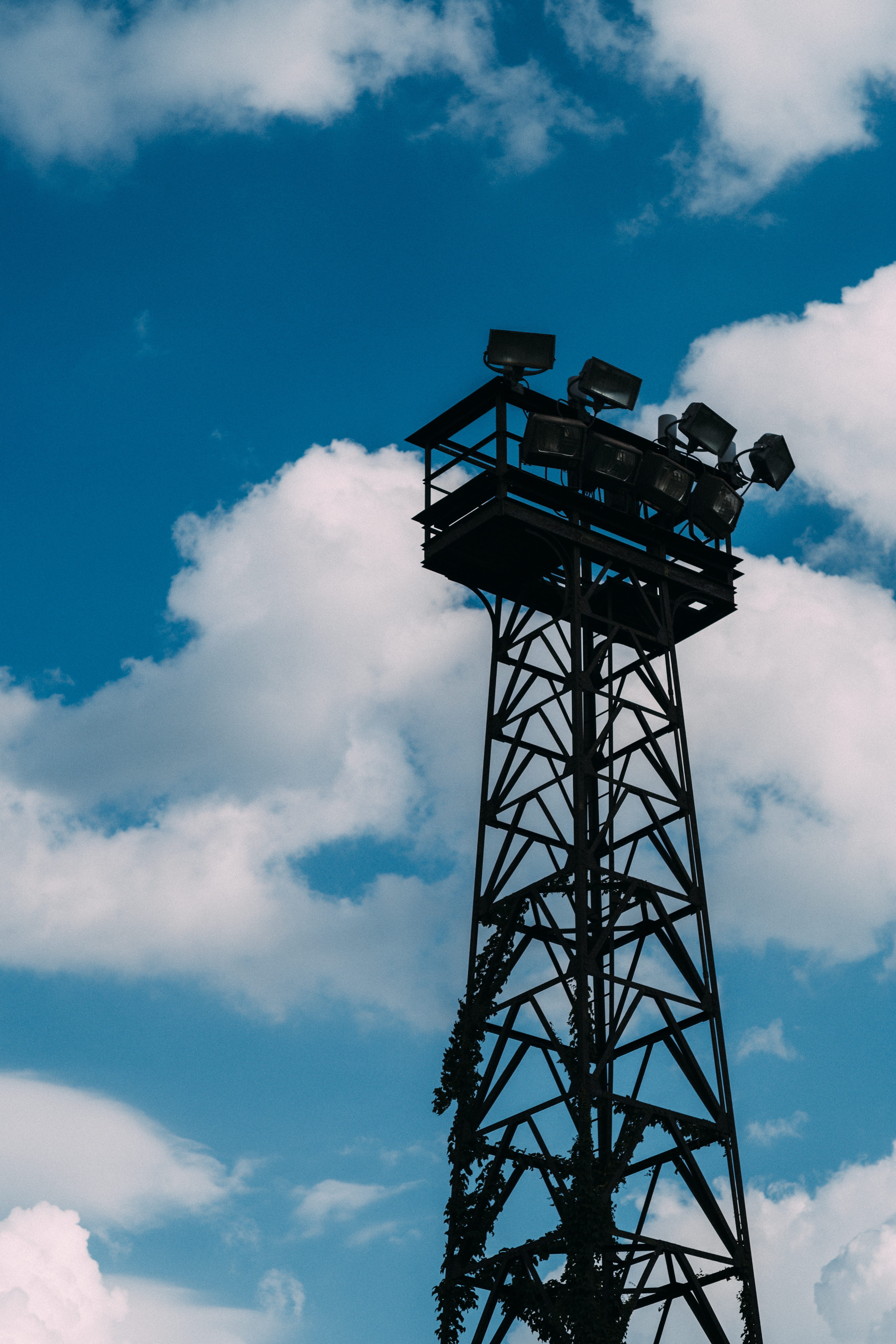 film, observation point, sky, building exterior, watchtower, clouds, ivy, protection, technology, tower, 5K, built structure, cloud - sky, nature, vines, Phone HD Wallpaper