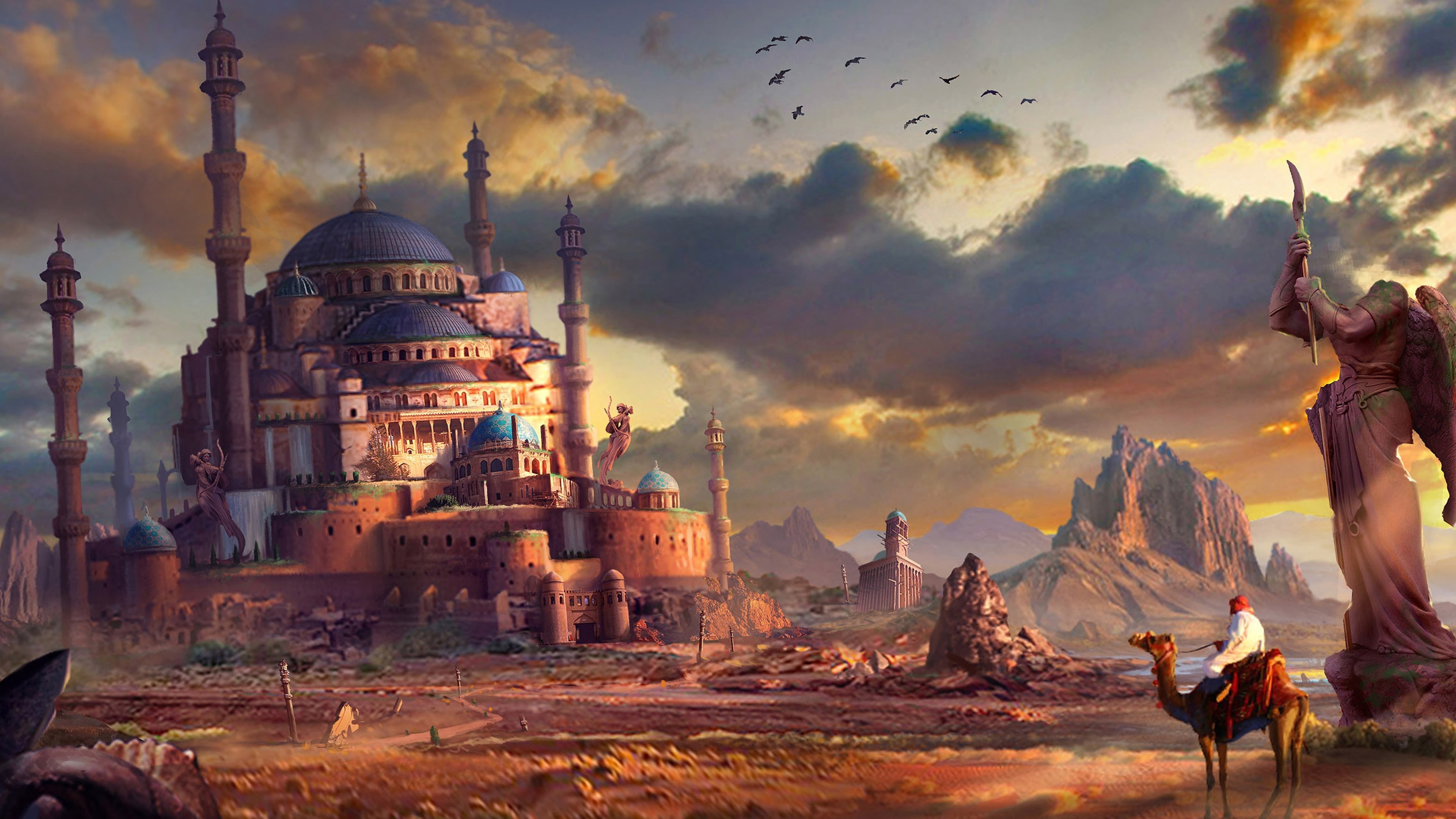 4K, looking into the distance, fantasy art, Arabian, camels, HD Wallpaper