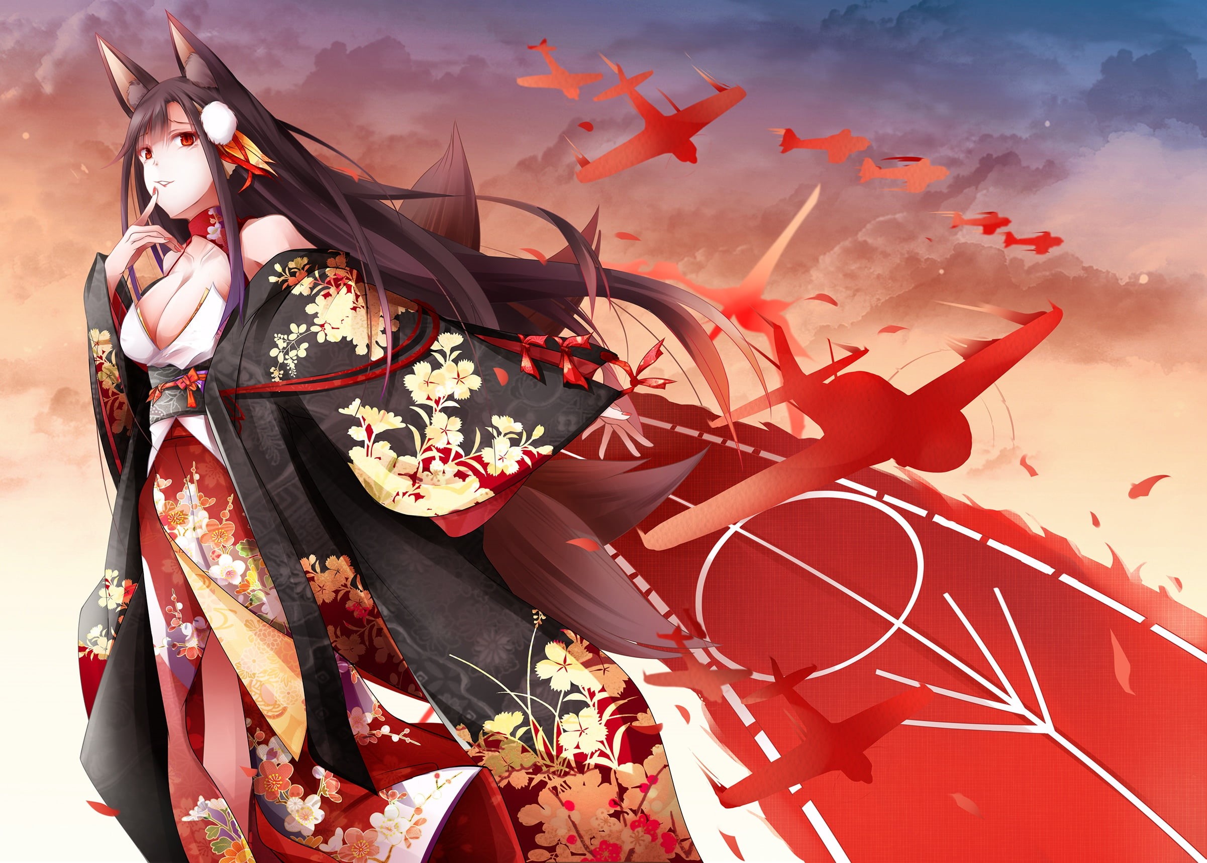 azur lane, akagi, girl, aircraft, 1080P, anime, look, HD Wallpaper