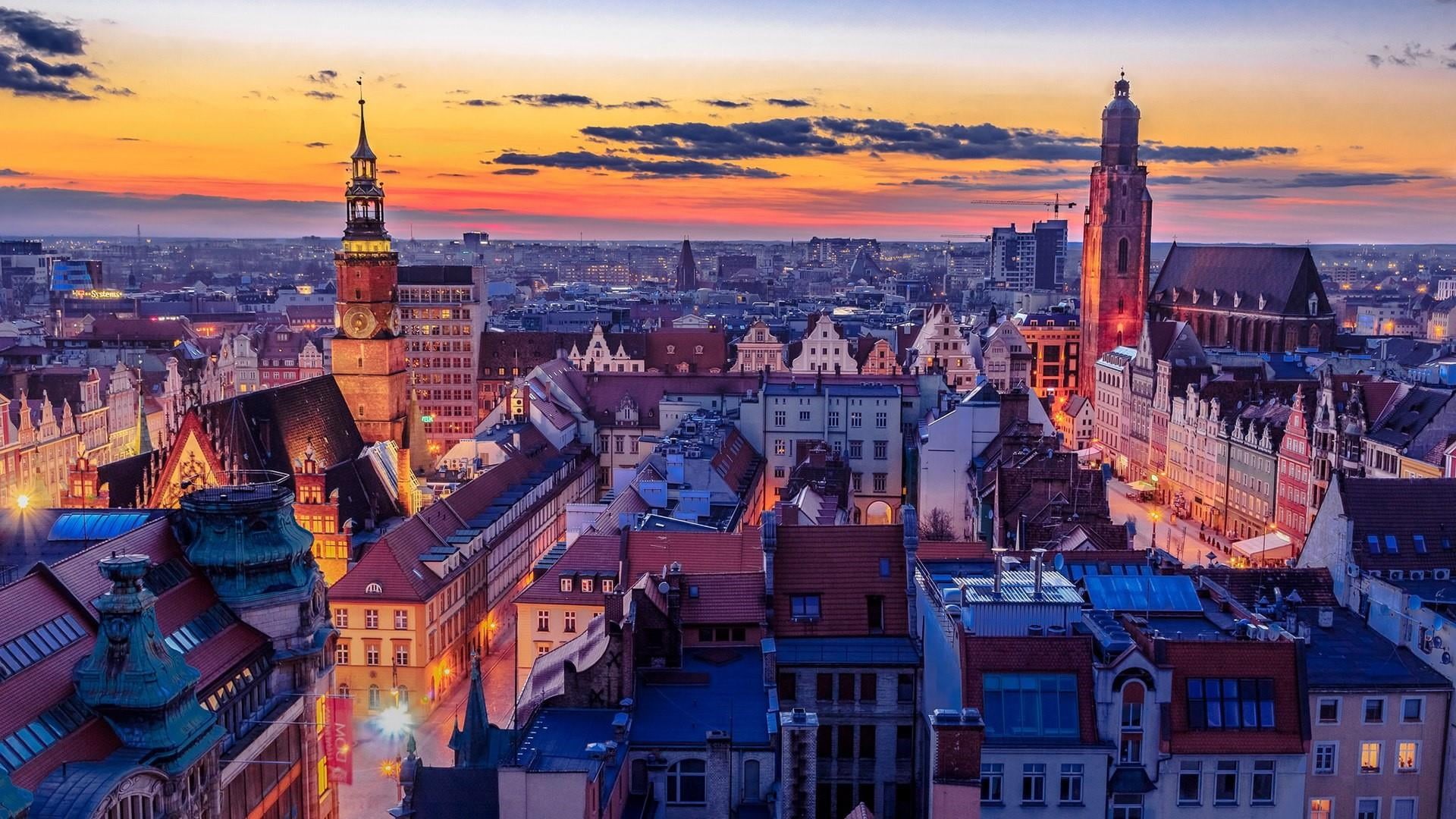 crowd, tower, nature, 1080P, place of worship, birds eye view, city, religion, poland, sunset, illuminated, building exterior, outdoors, spire, travel destinations, HD Wallpaper
