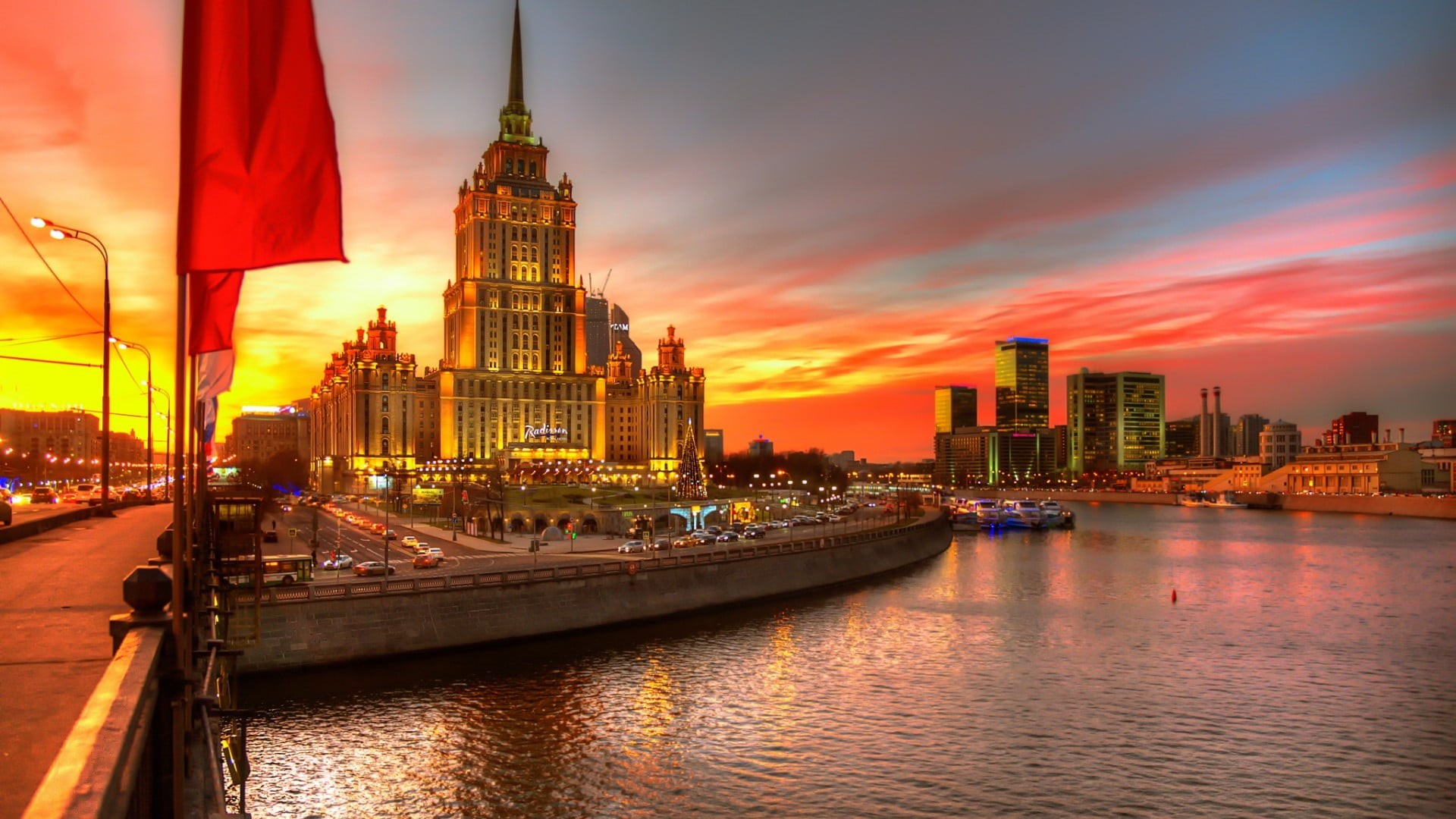 sky, travel destinations, Moscow, city, sunset, Christmas Tree, office building exterior, tower, built structure, evening, cityscape, nautical vessel, clouds, HD Wallpaper
