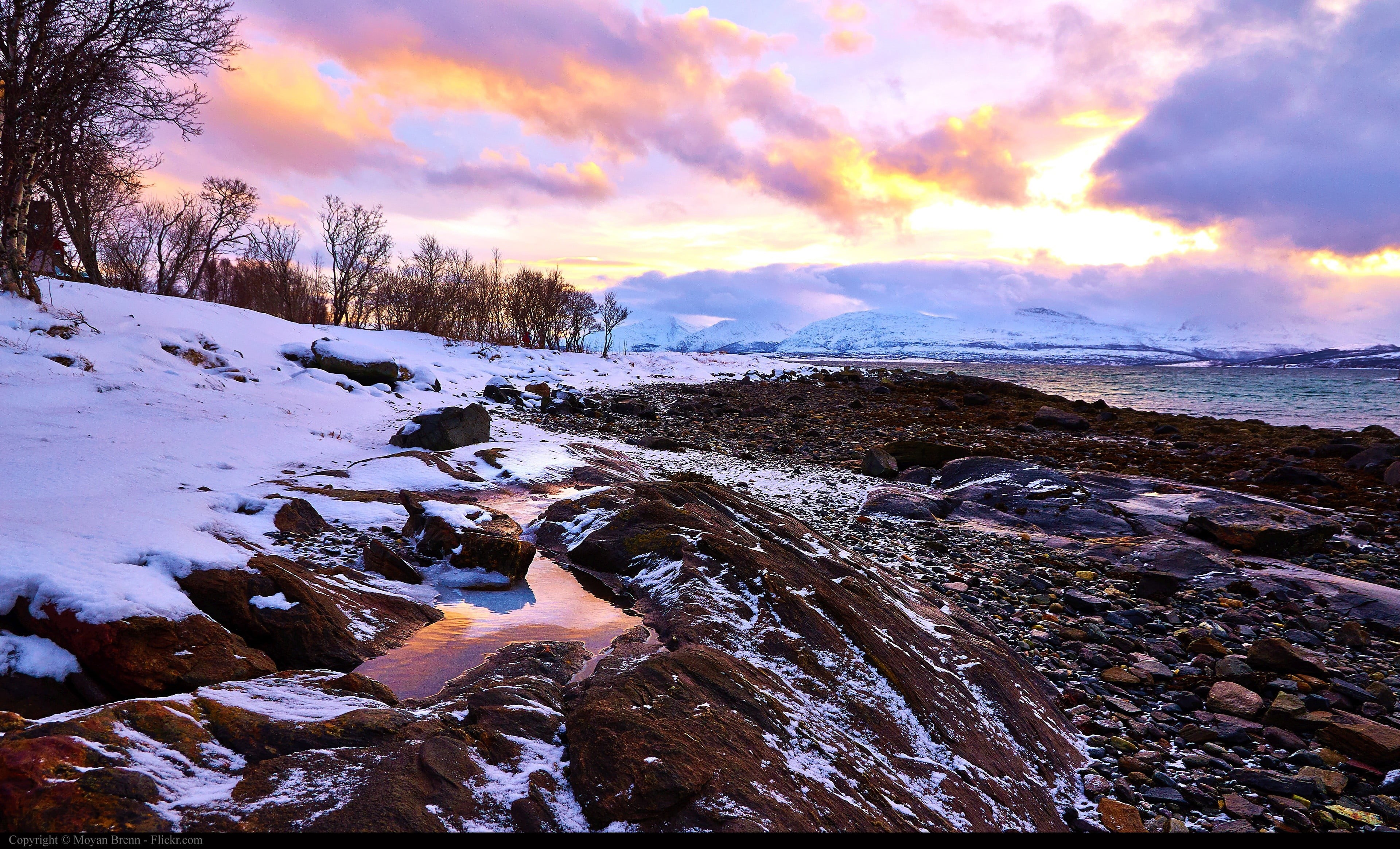 sky, river, nature, winter, 4K, Norway, flowing water, no people, water, concrete, snow, beauty in nature, white, outdoors, non-urban scene, tranquil scene, HD Wallpaper