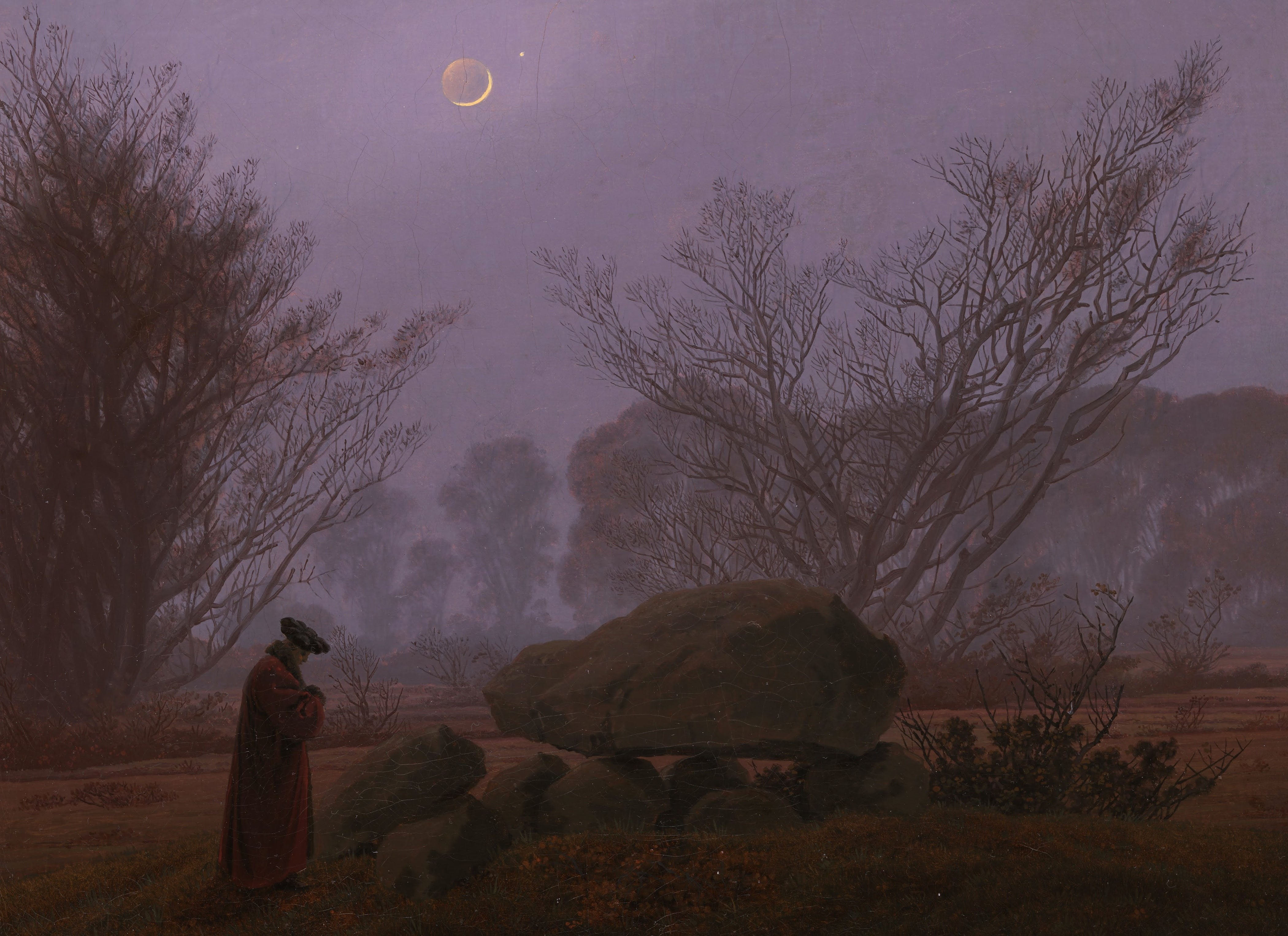 picture, stone, Caspar David Friedrich, A walk in the Twilight, landscape, The moon, 4K, HD Wallpaper