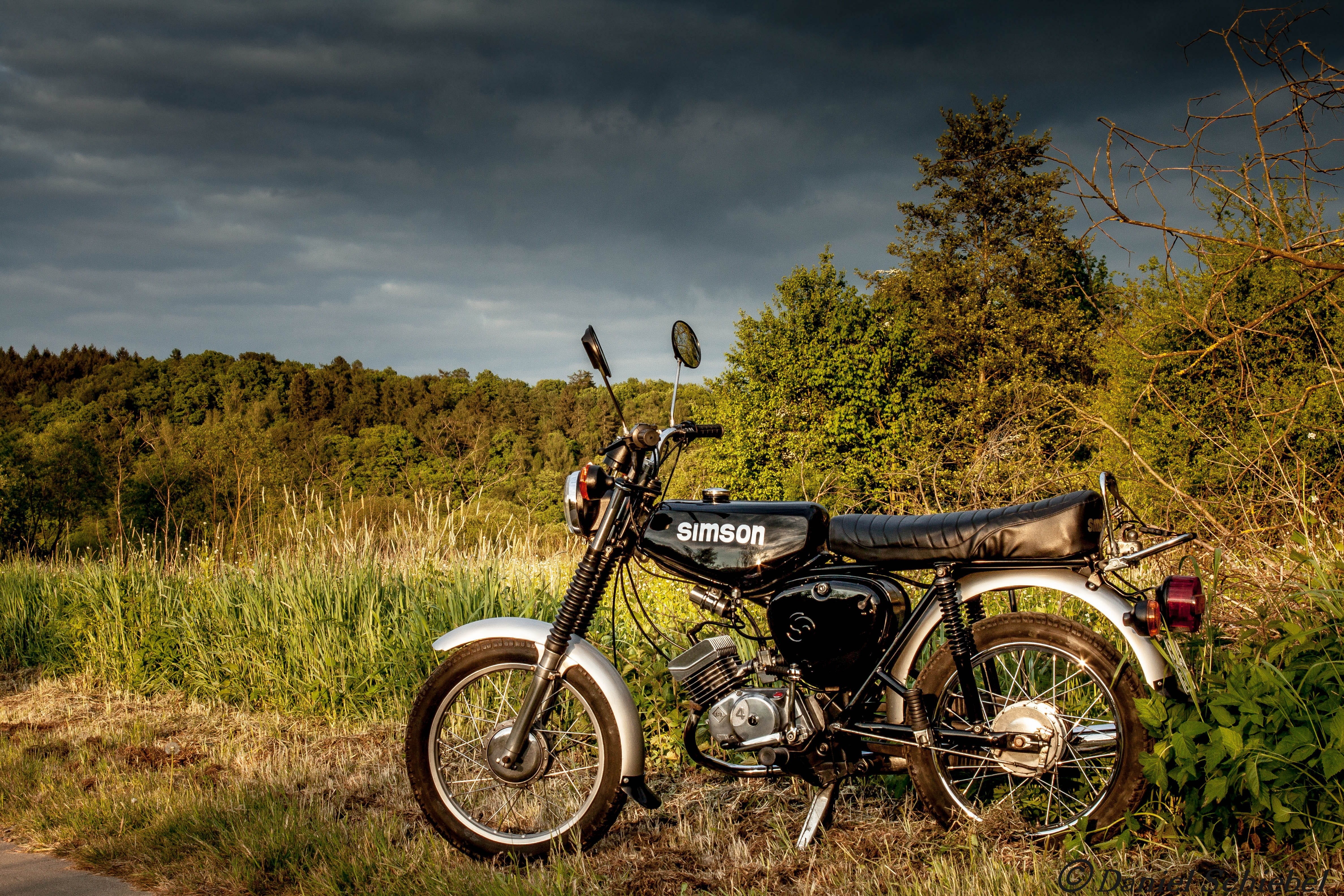 plant, land vehicle, on the go, day, outdoors, nature, green color, clouds, landscape, cloud - sky, no people, field, stationary, moped, dom, bike, land, HD Wallpaper