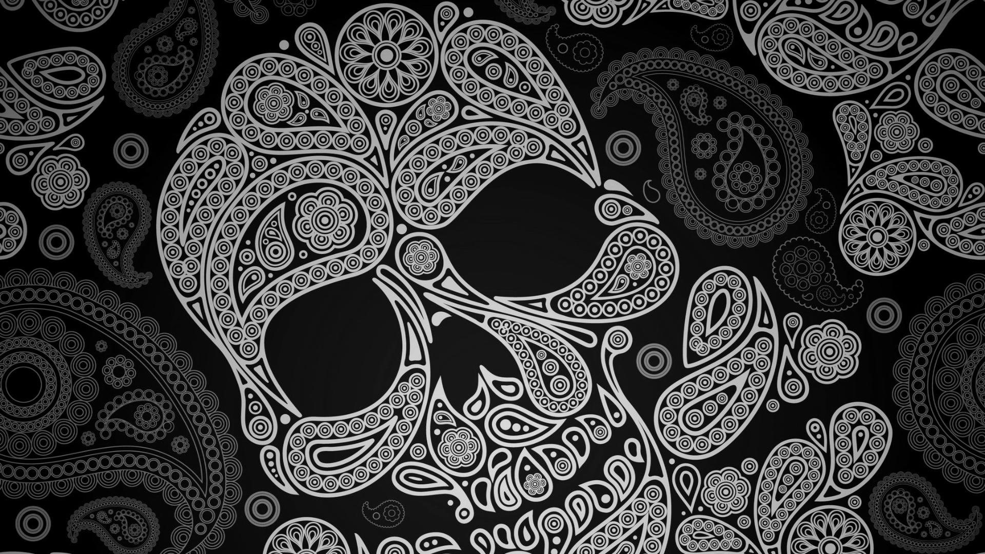 skull, paisley skull, paisley, 1080P, pattern, HD Wallpaper