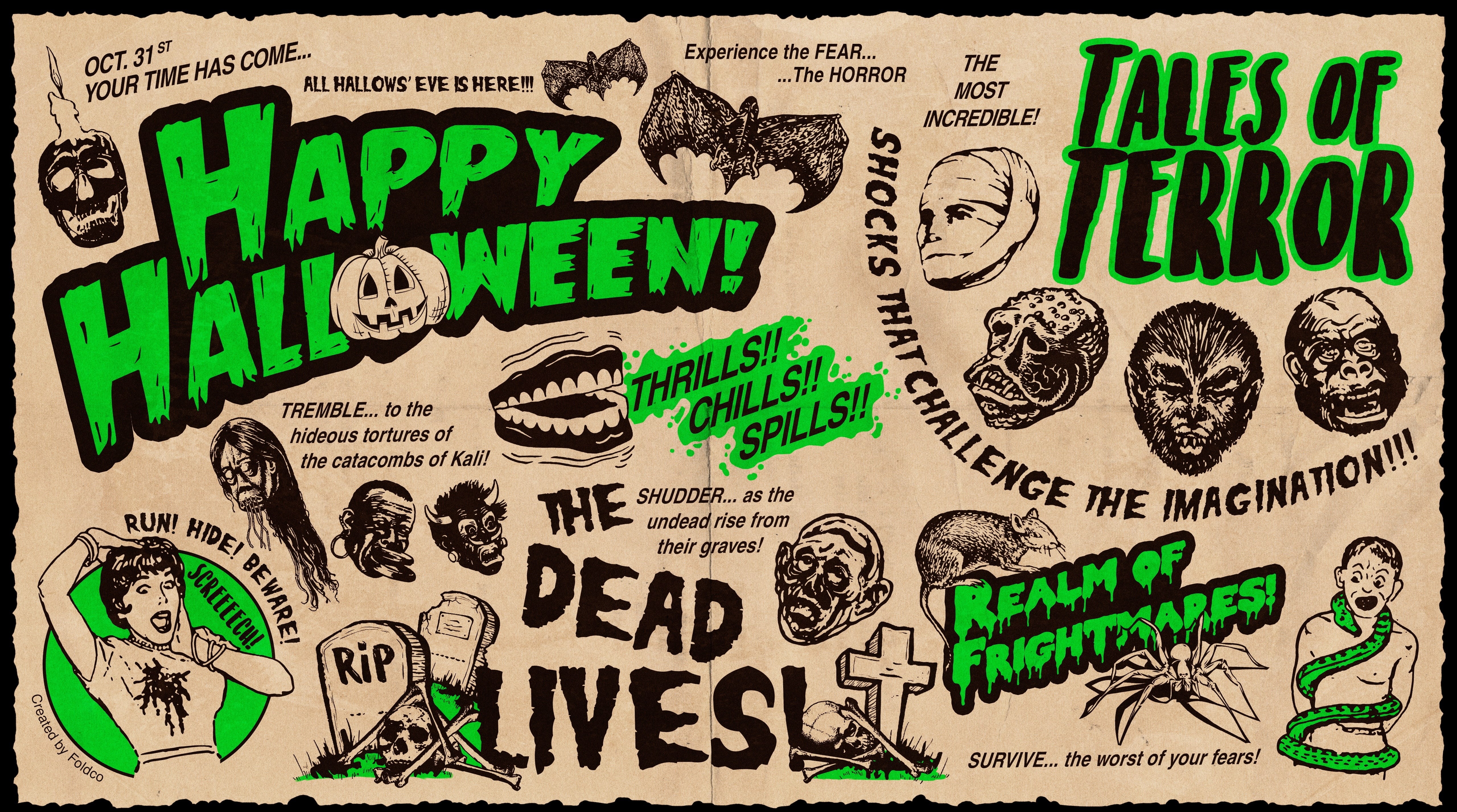 panoramic, lifestyles, poster, postage stamp, 5K, come, full frame, green color, 2017, Holidays, no people, pattern, background, text, typography, Halloween, HD Wallpaper