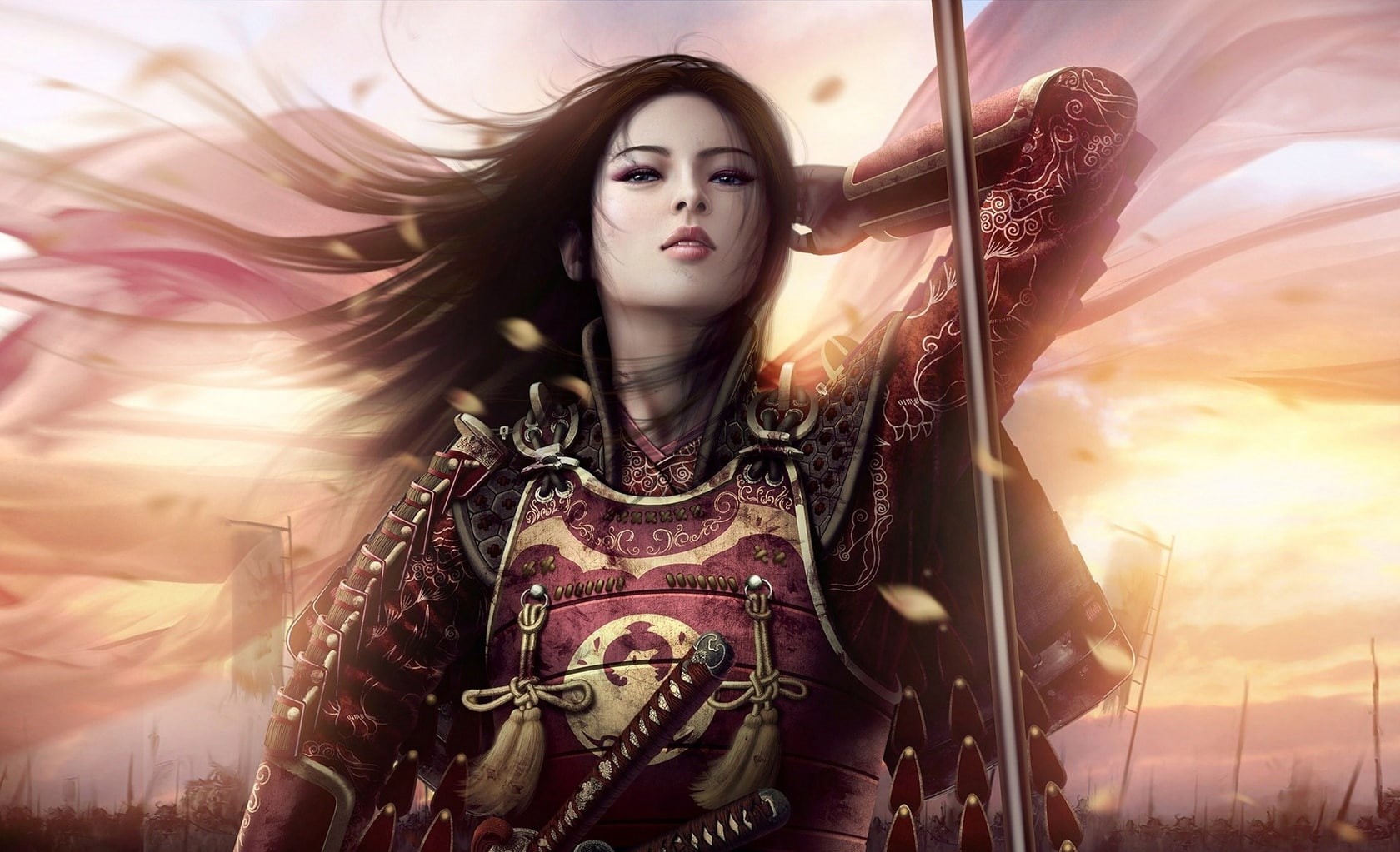 armor, hairstyle, warrior, beautiful woman, portrait, looking at camera, samurai, females, long hair, Woman, lens flare, make-up, Girl, fashion, Artistic, HD Wallpaper