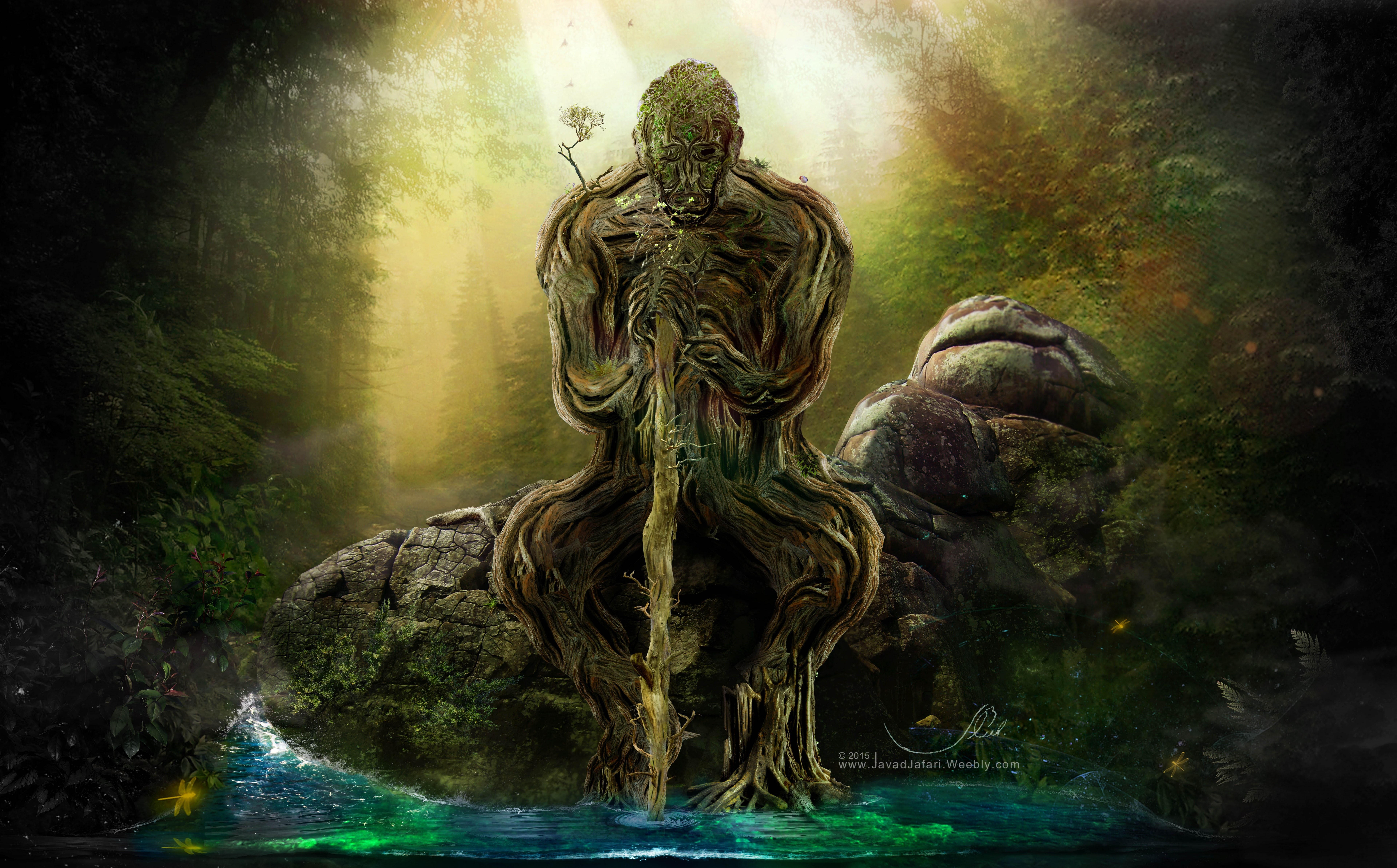 no people, Photoshop, religion, Illustration, flowing water, representation, forest, photomanipulation, oldtree, architecture, nature, javadjart, male, HD Wallpaper