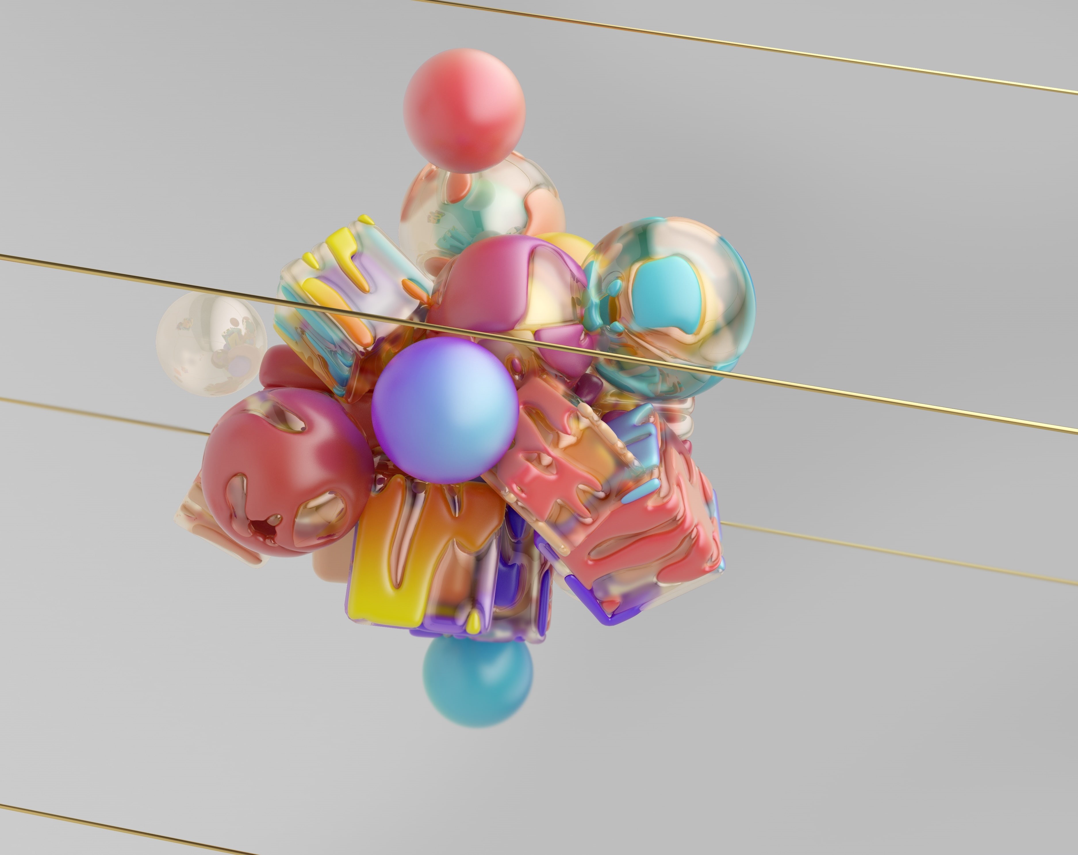 balloon, Cubes, gift, event, large group of objects, Golden, d, indoors, cheerful, Colors, women, 3D, Colorful, Artistic, Abstract, Round, studio shot, HD Wallpaper