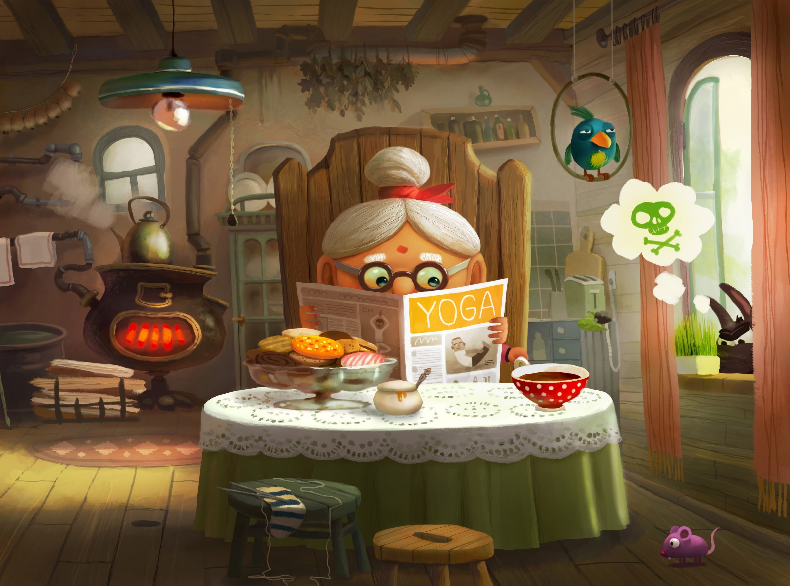 2K, GreenRidingHood, Funny, Drawing, Design, Drawings, yoga, granny, digitalart, Countryside, ForKids, Home, Table, Illustration, Fairytales, Artistic, HD Wallpaper