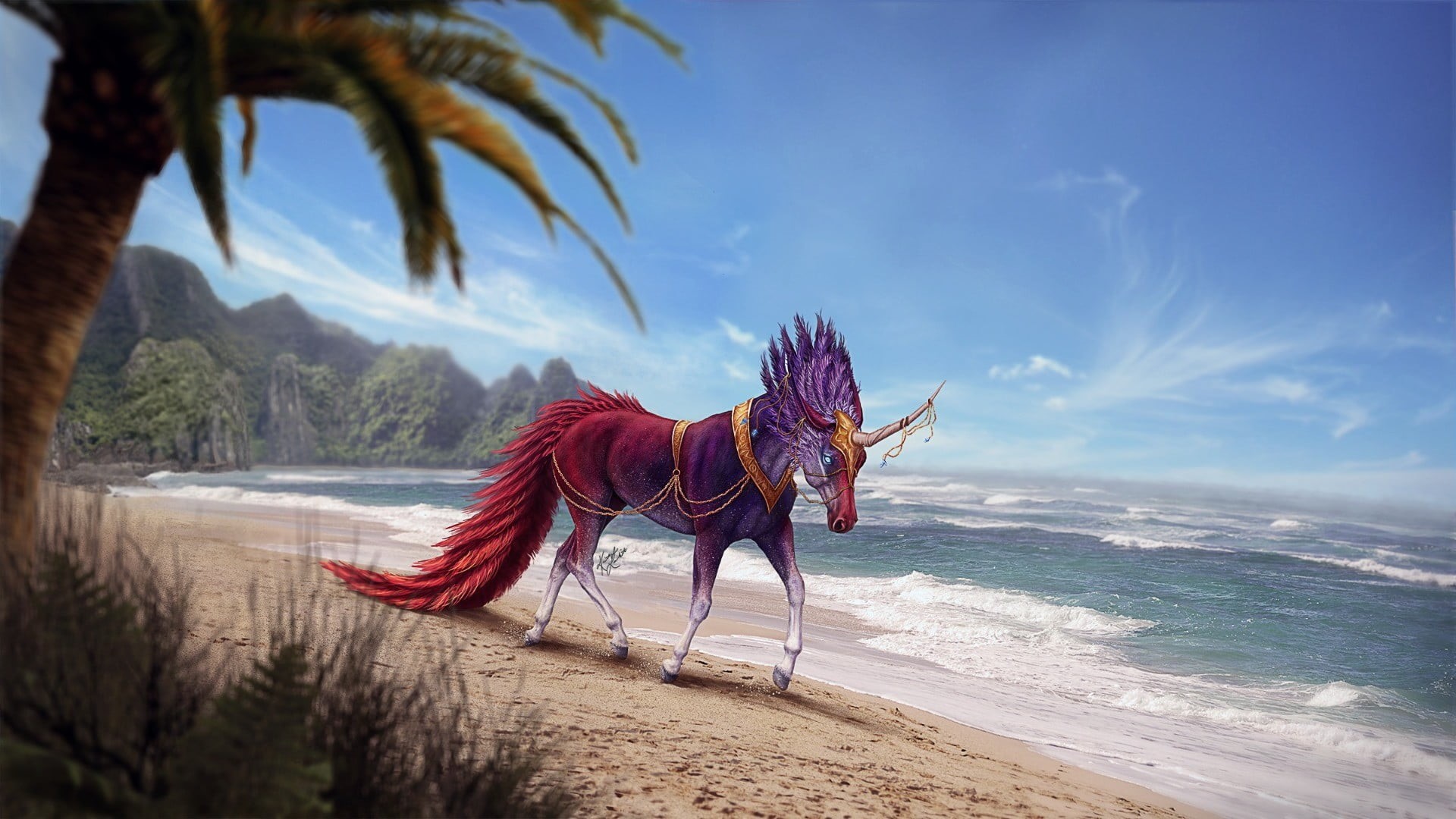 scenics - nature, unicorn, sea, mammal, standing, one animal, animal themes, nature, 1080P, tree, fantasy art, horse, purple, near, palm tree, beauty in nature, HD Wallpaper