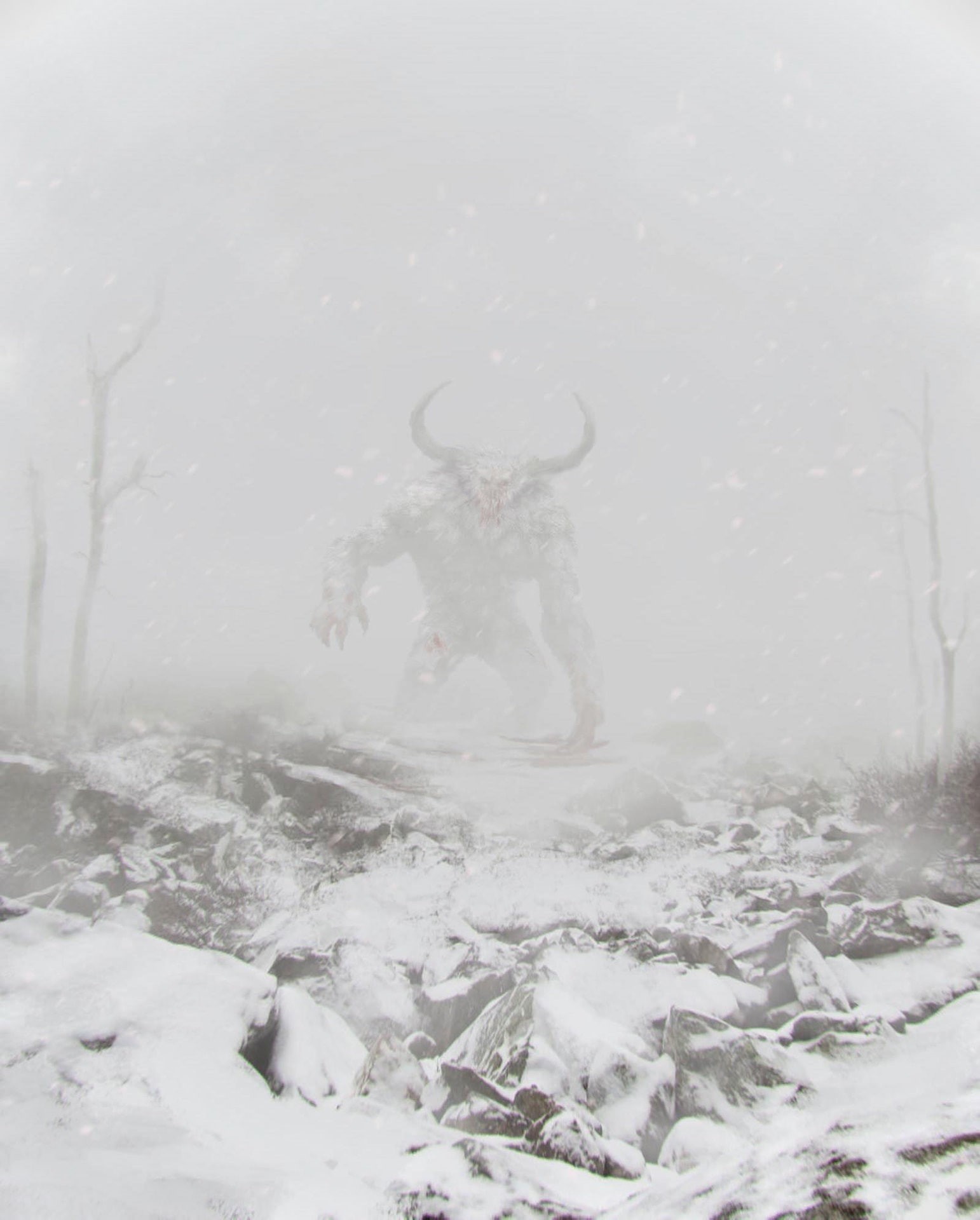 mist, white, 1080P, snow, winter, creature, horns, digital art, fantasy art, Phone HD Wallpaper