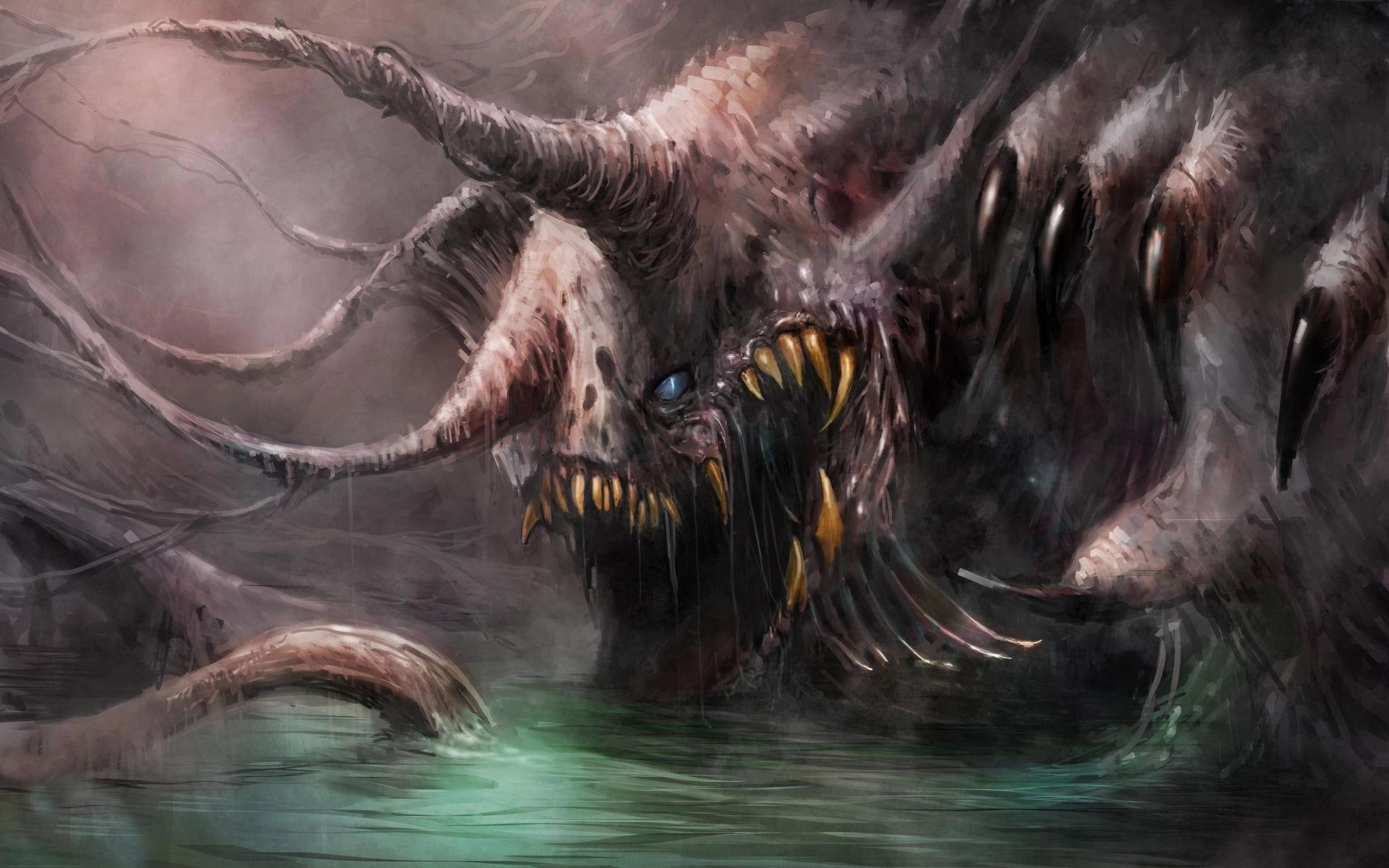 monster, creature, horn, illustration, 1080P, brown, myth, fantasy, 1920x1200, claw, mythological, HD Wallpaper