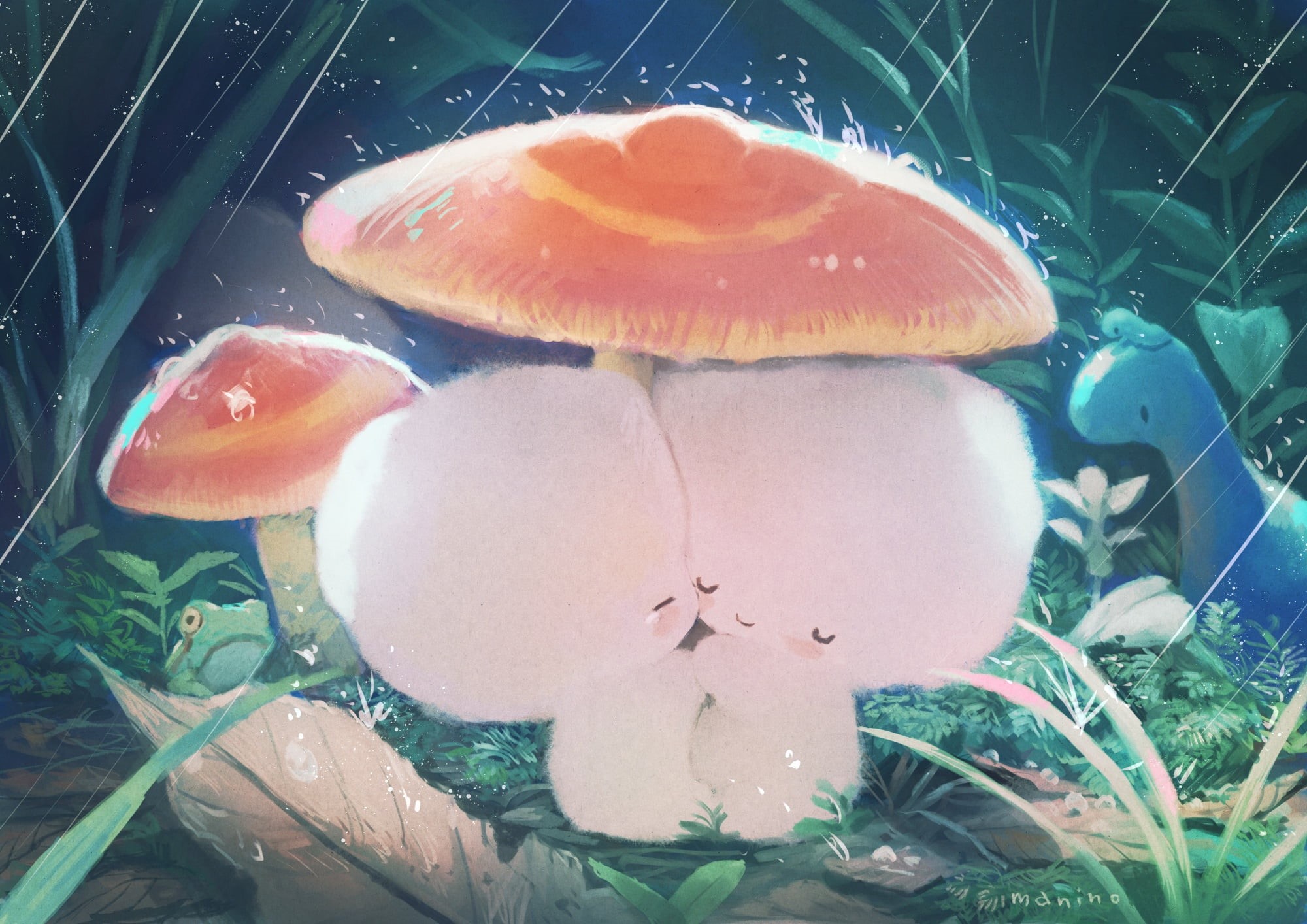 Frog, Fantasy, Creature, Cute, Rain, Mushroom, Love, 1080P, HD Wallpaper