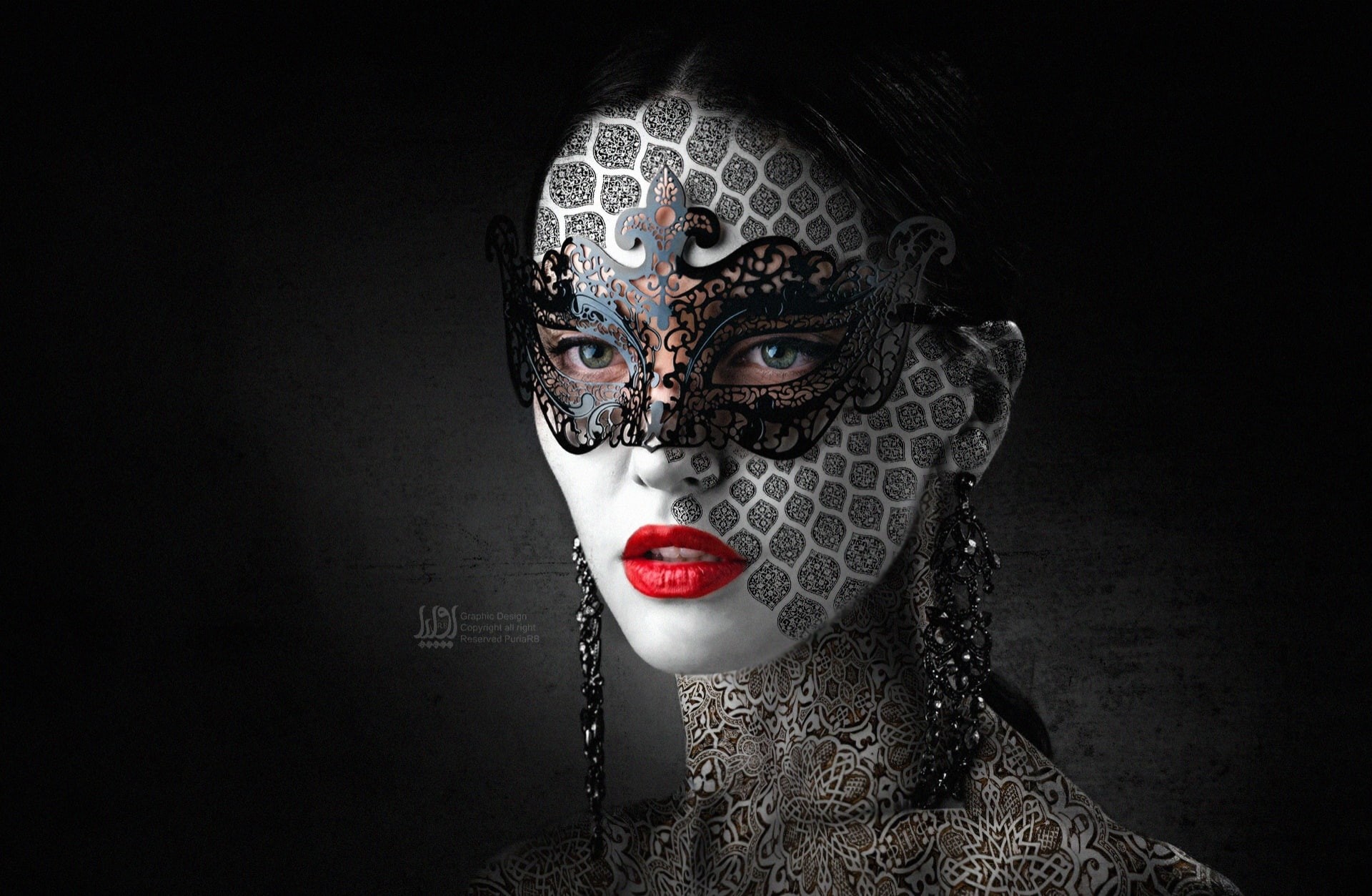 redlips, Beautiful, face, veil, Woman, black background, human body part, 1080P, females, fashion, eyeshadow, celebration, red, gray, evil, studio shot, HD Wallpaper