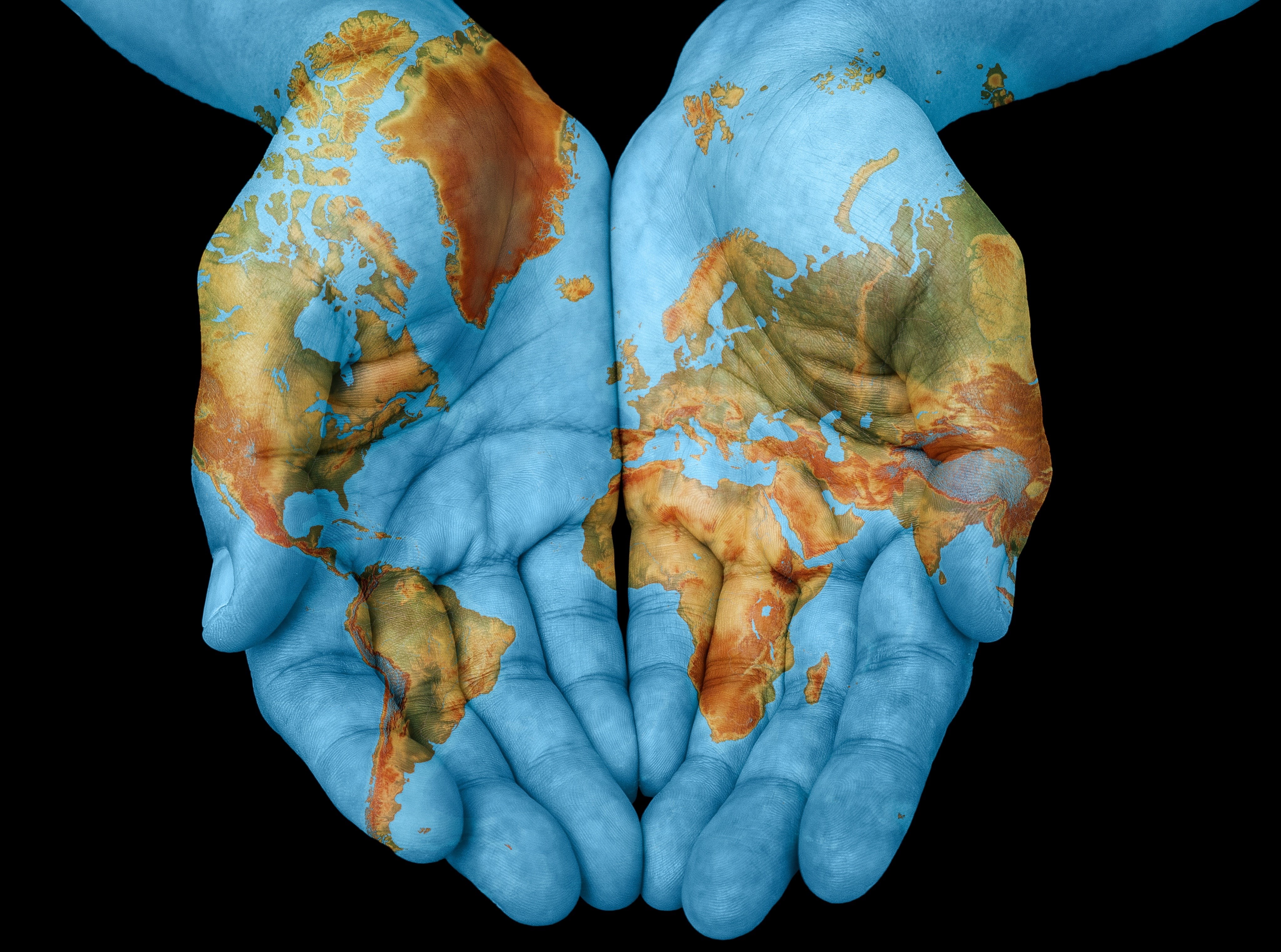 hand, map, Aero, people, body part, palm, brown, close-up, Hands, Space, blue, human body part, healthcare and medicine, Earth, Universe, religion, human hand, HD Wallpaper