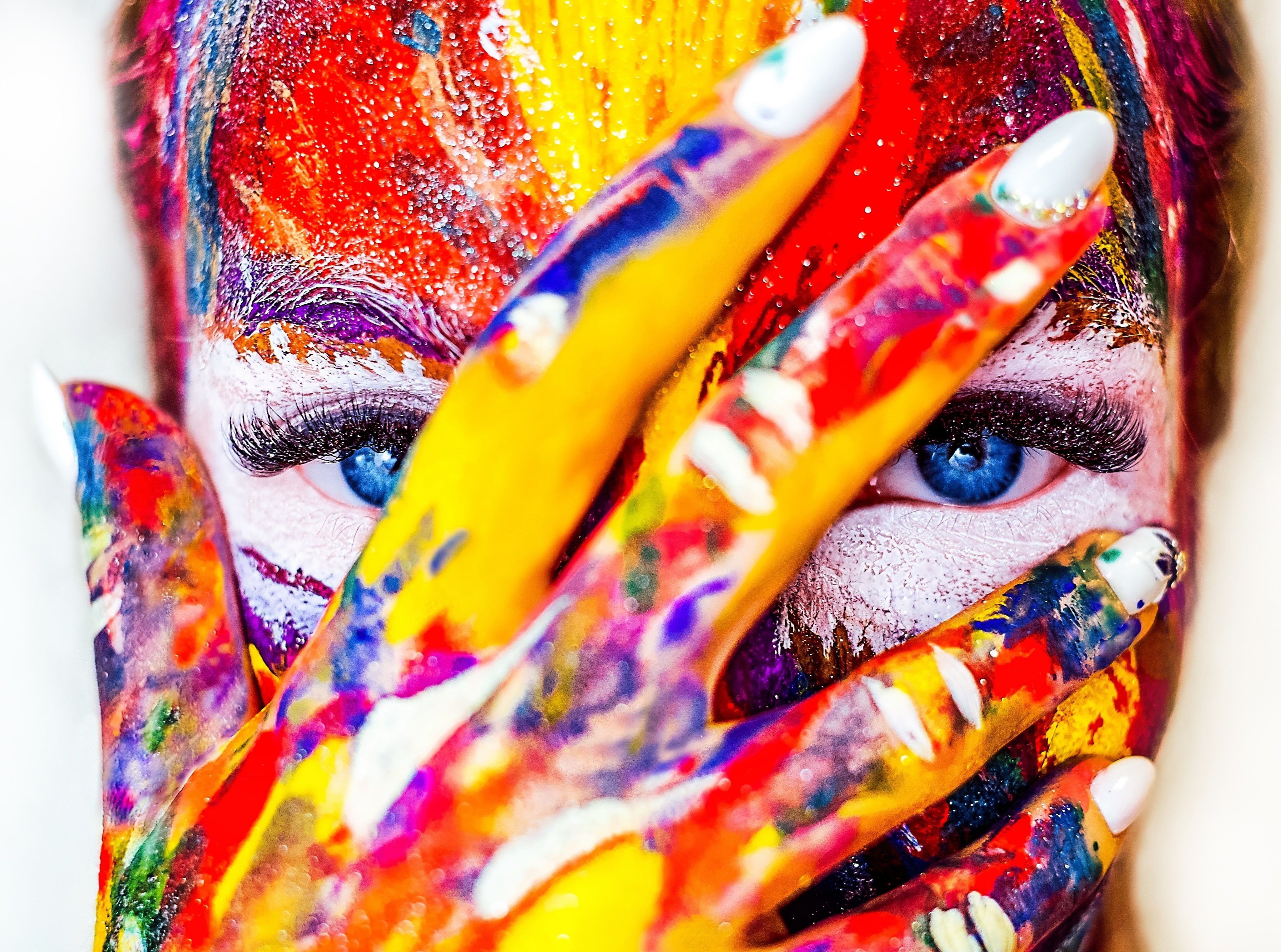 Colorful, women, Hand, art and craft, modernart, Model, human body part, blue, eye, person, scarf, Paint, multi colored, adult, blueeyes, s, Aero, beautiful, HD Wallpaper