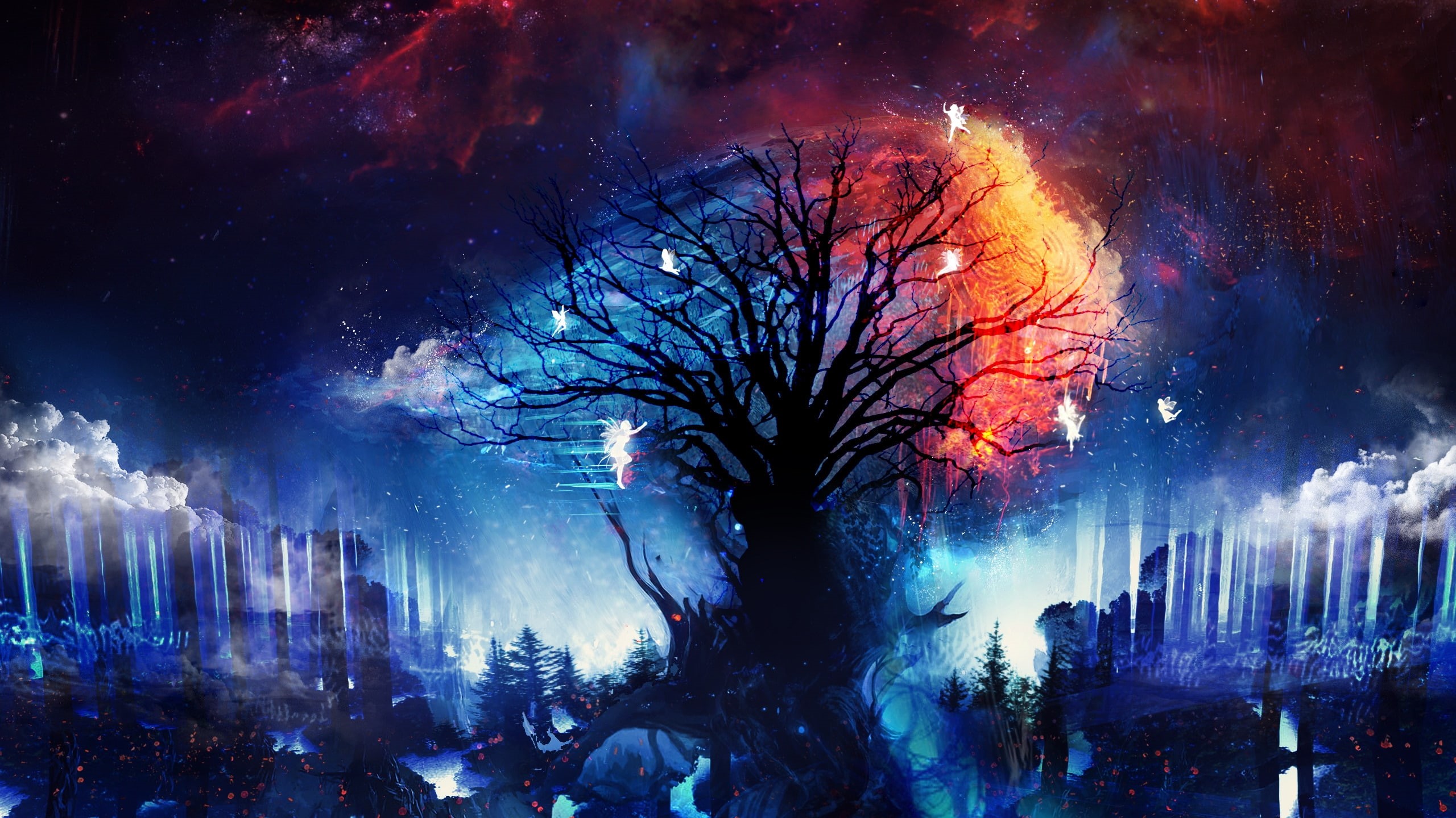 white, space, tree, clouds, stars, fairy, live, black, fairies, sky, 2K, painting, withered, HD Wallpaper