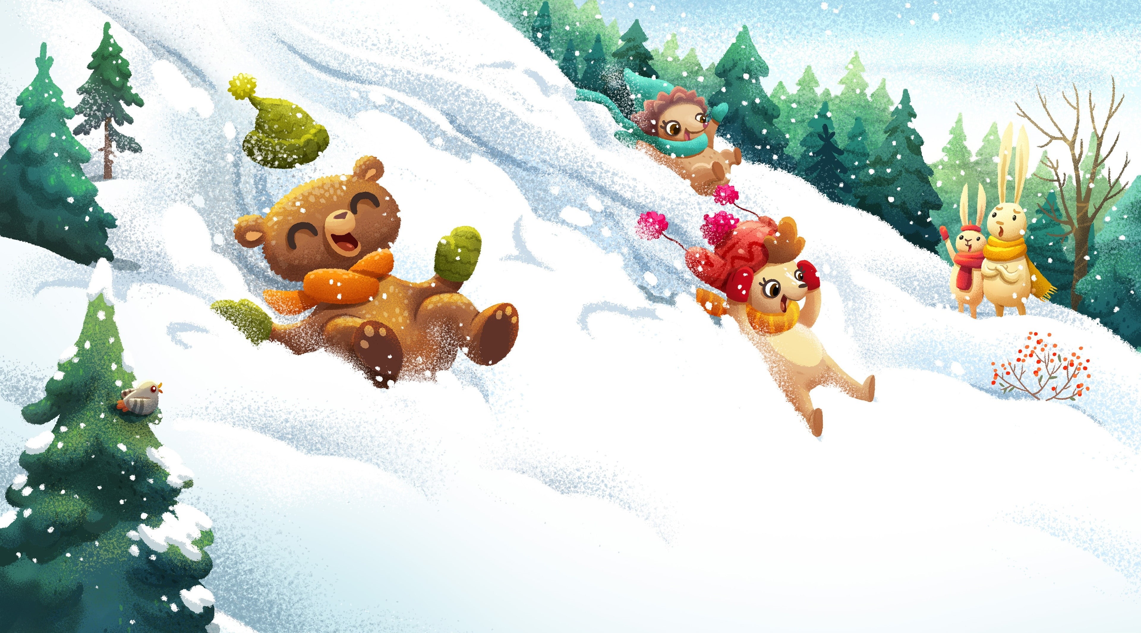 fun, happiness, Friends, Cute, Adventure, Children, 4K, oscar, Winter, Illustration, Snow, Bear, Design, Season, Story, Animals, HD Wallpaper