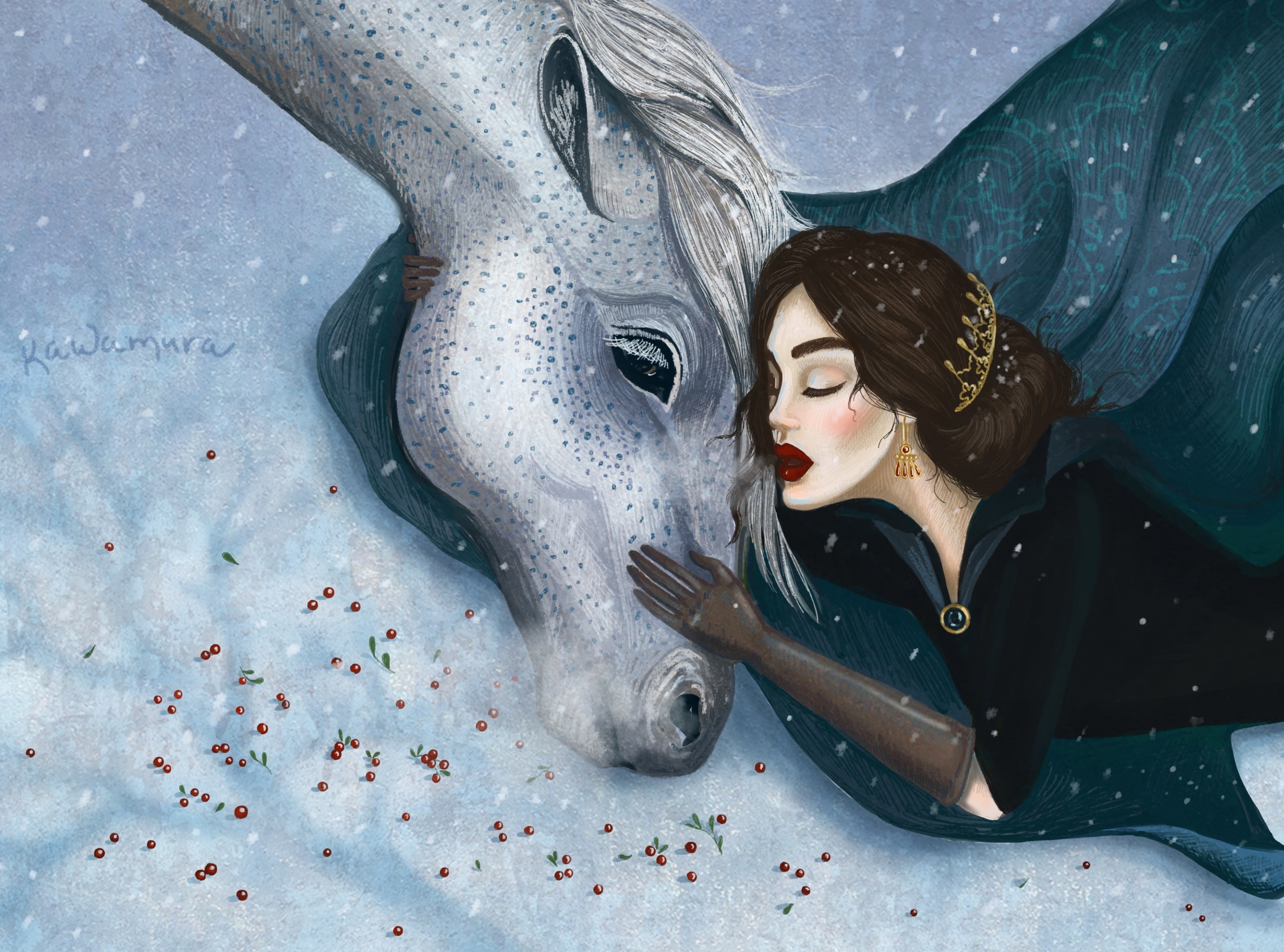 Drawings, snow, Drawing, white, Fairytales, portrait, young women, women, Design, Illustration, 2K, looking, Artistic, human representation, adult, Friendship, HD Wallpaper