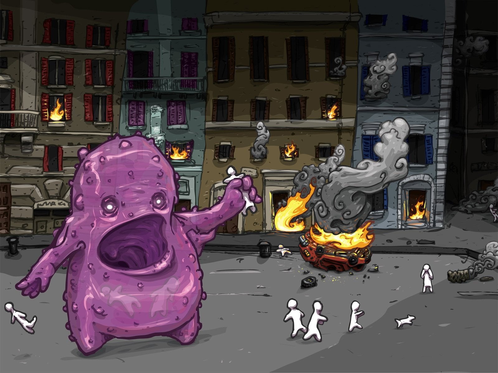 women, real people, sculpture, creativity, building, Smoke, Monster, male likeness, pink color, architecture, Fire, one person, Car, illustration, statue, HD Wallpaper