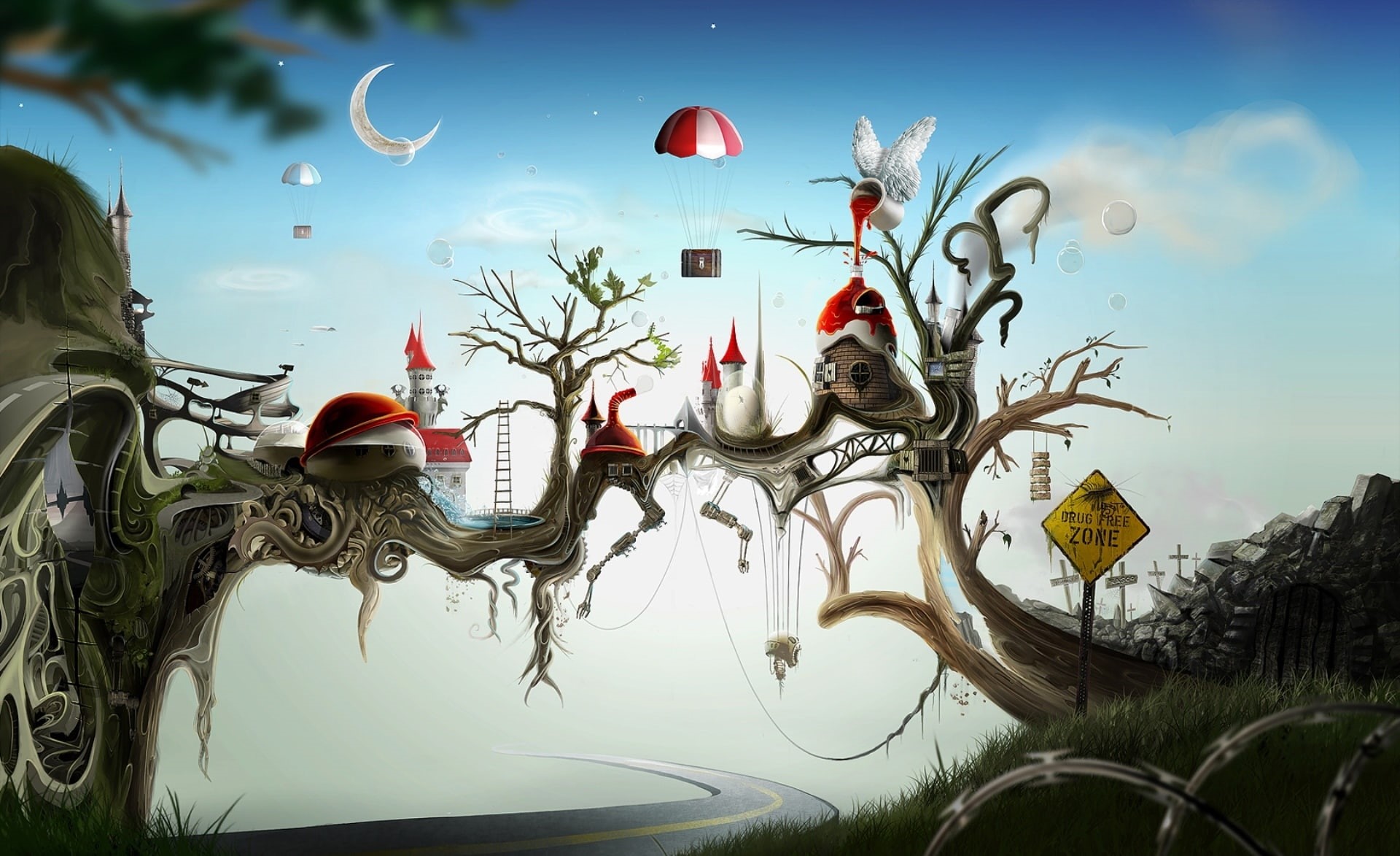 houses, animal representation, art and craft, digital, water, no people, low angle view, craft, branch, growth, outdoors, surreal art, celebration, drug, HD Wallpaper