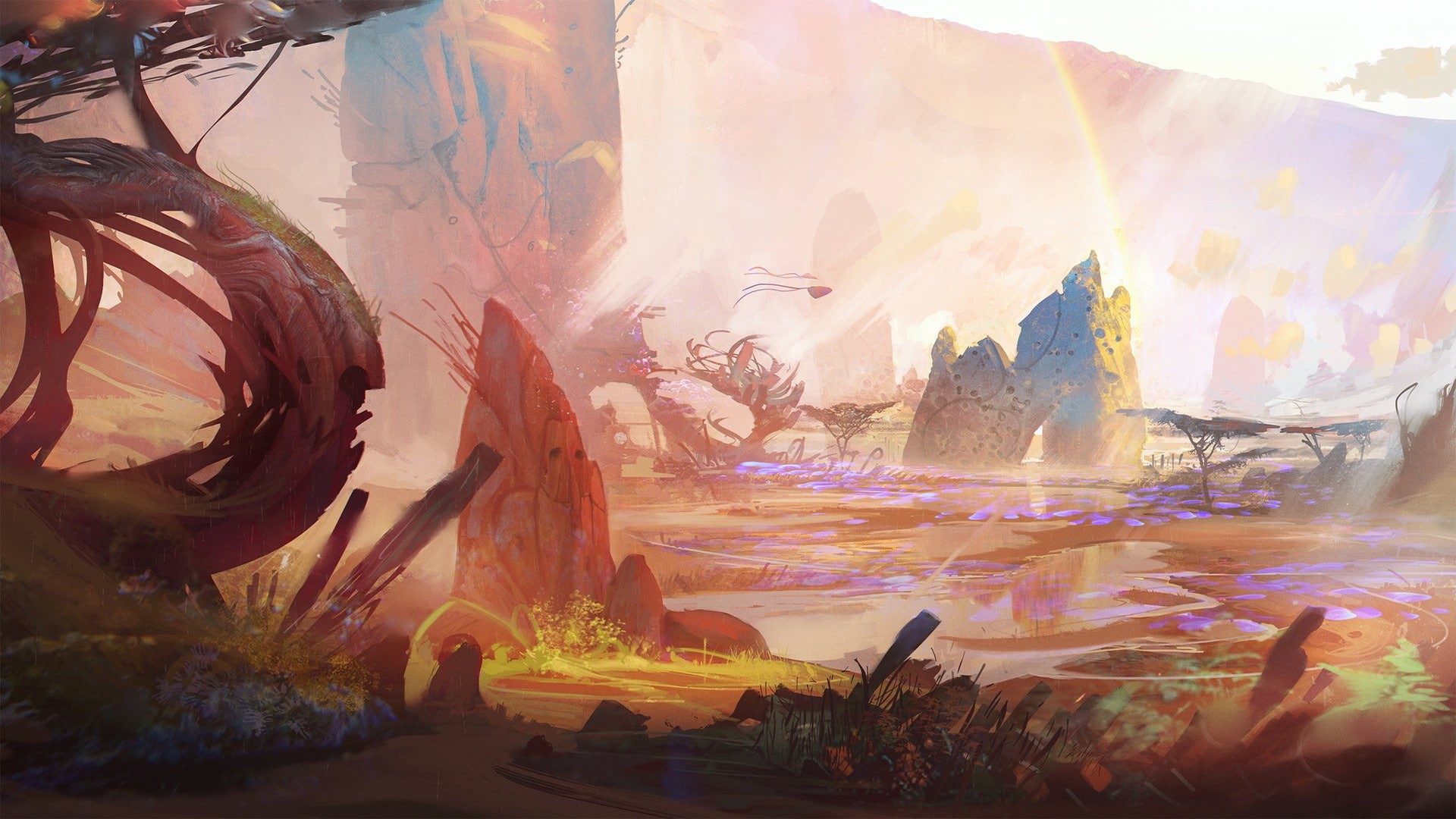 trees, wildlife, artwork, fantasy art, surreal, 1080P, valley, landscape, digital art, nature, HD Wallpaper