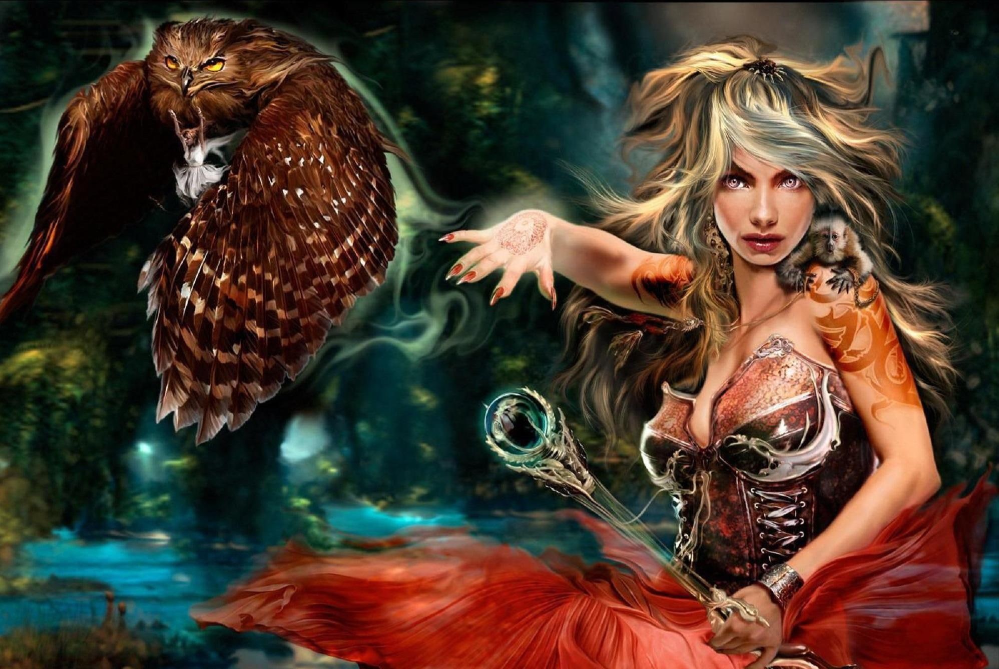 beautiful, 3d and abstract, woman, digital, witch, snake, girl, spell, 1080P, fantasy, HD Wallpaper