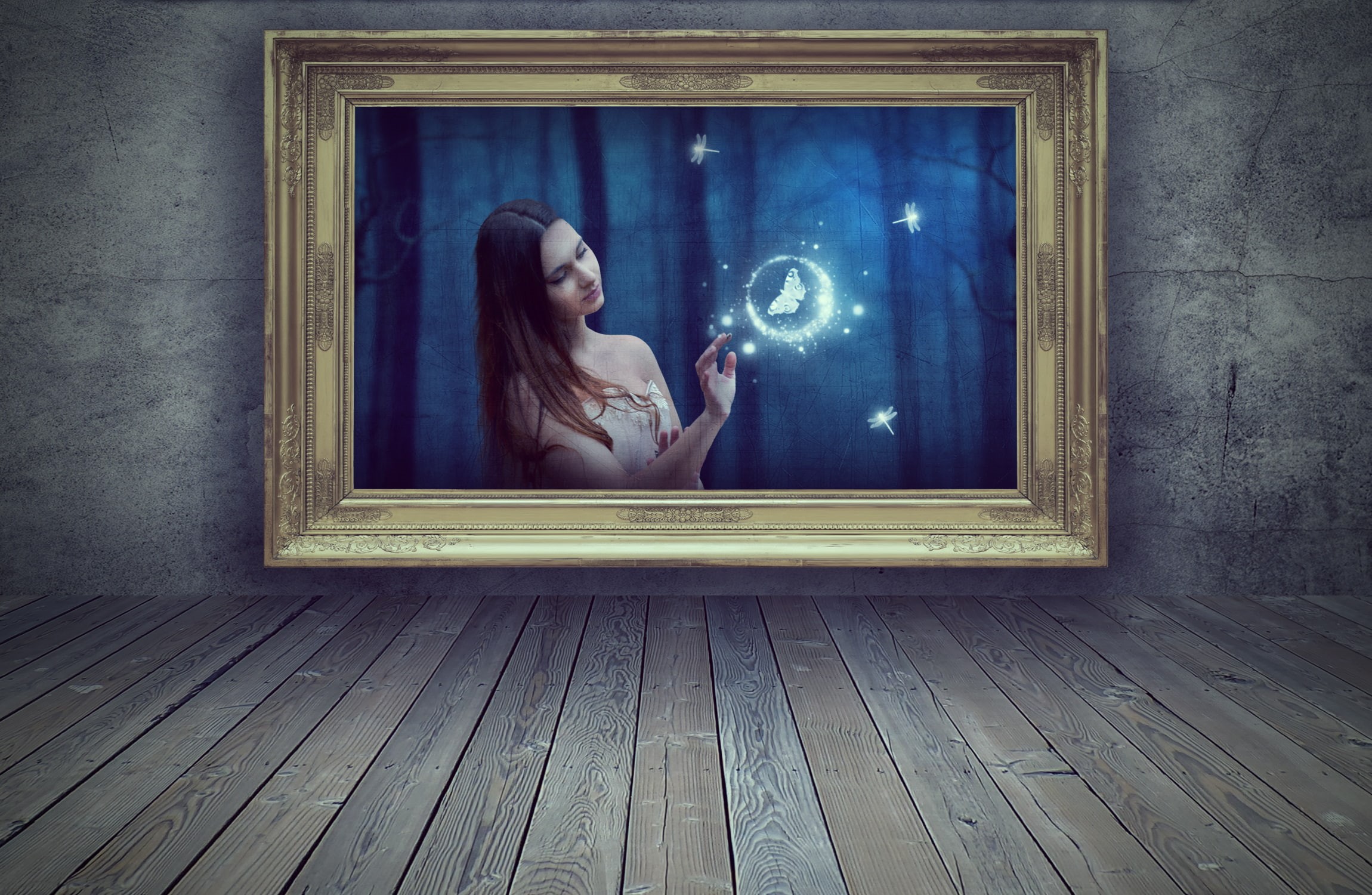 one person, edit, hairstyle, transparent, creative, picture frame, wall, long hair, butterfly, standing, technology, photoshop, illuminated, 1080P, HD Wallpaper