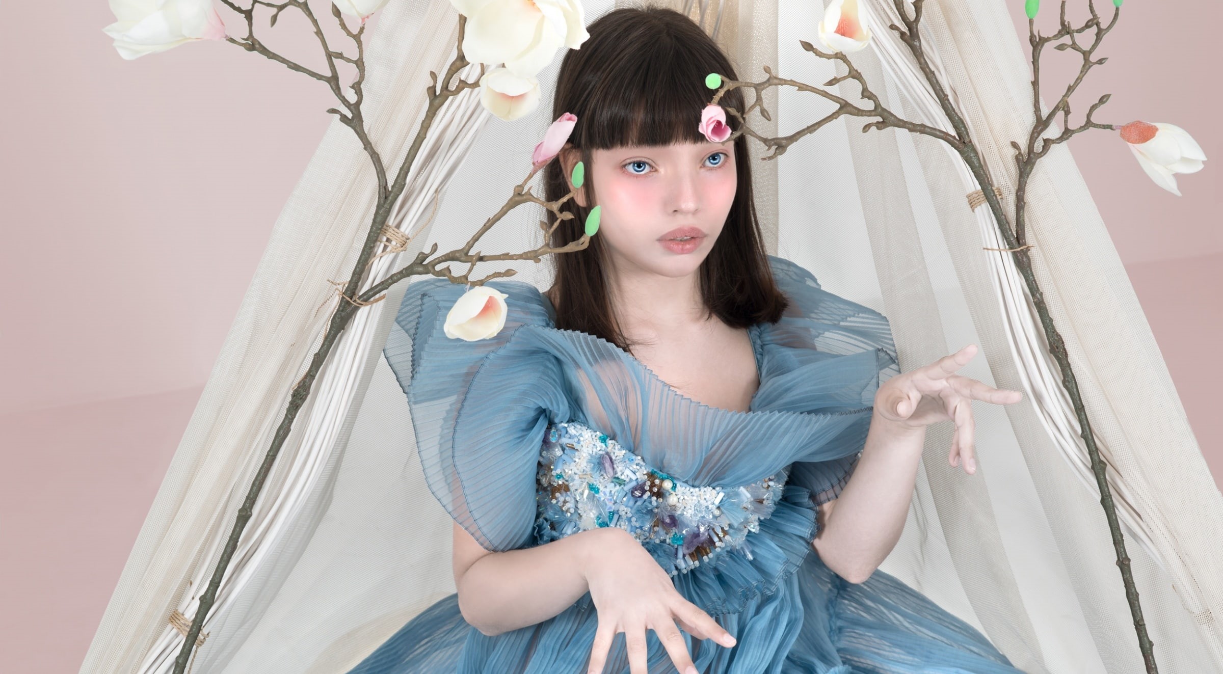Creative, Model, digitalart, Magnolia, Doll, Aero, Fantasy, blue, Girl, blueeyes, 1080P, eyes, Photography, dress, bluedress, Beautiful, HD Wallpaper